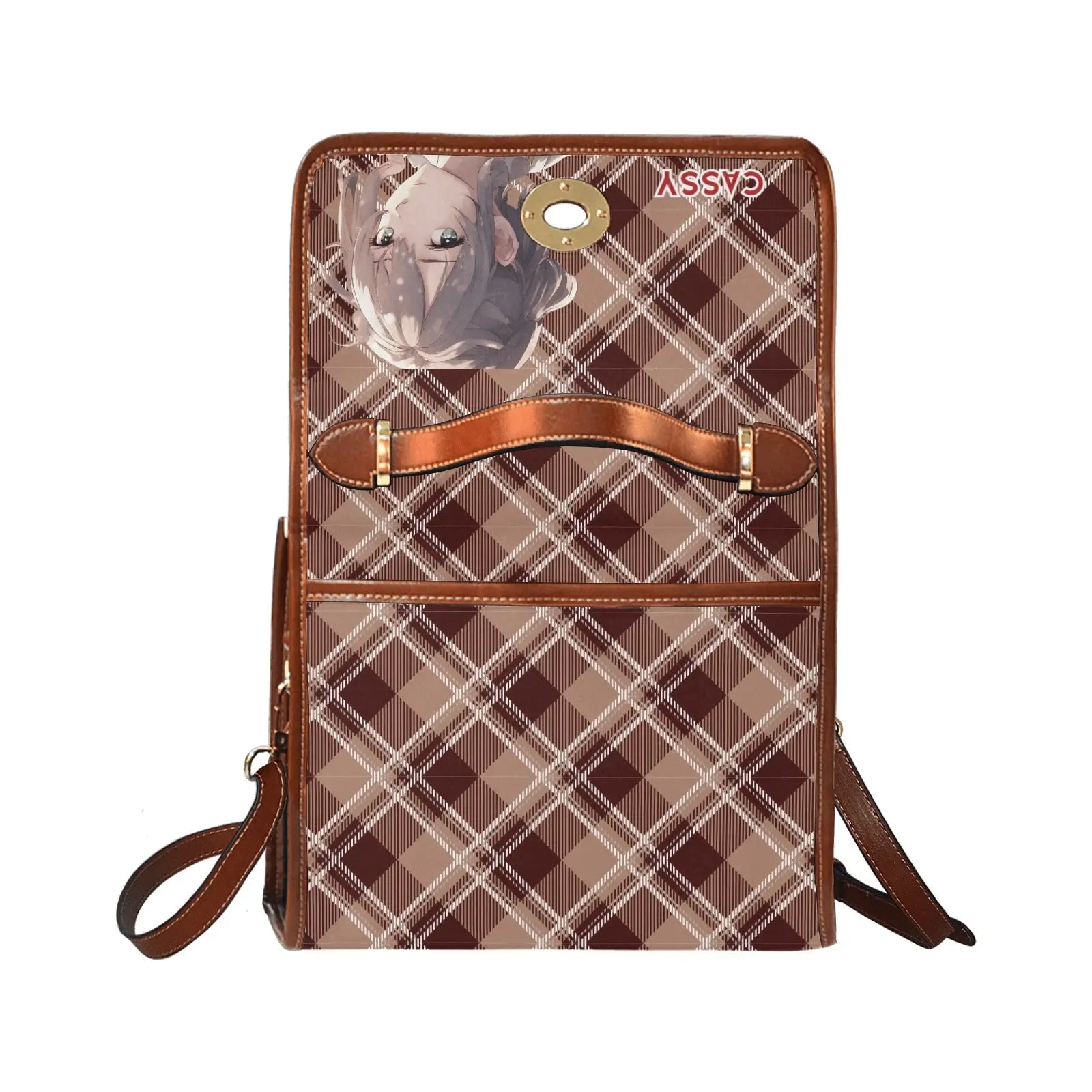 Personalized Waterproof Canvas Shoulder Strap Bag Tartan Brown Anime - Piryoung Shop
