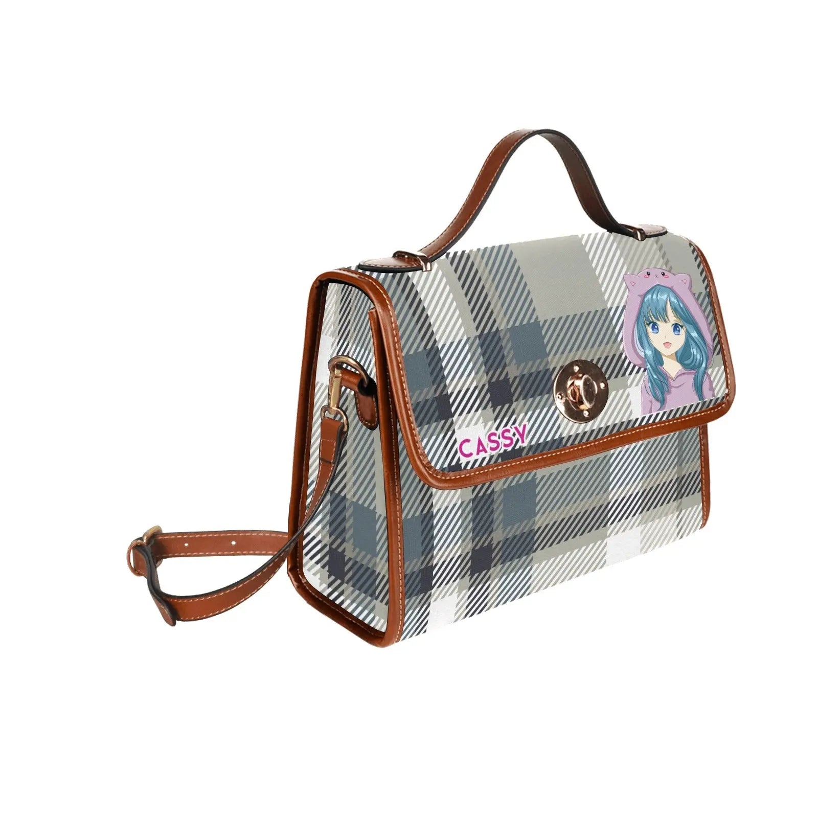 Personalized Waterproof Canvas Shoulder Strap Bag Tartan Brown Anime - Piryoung Shop