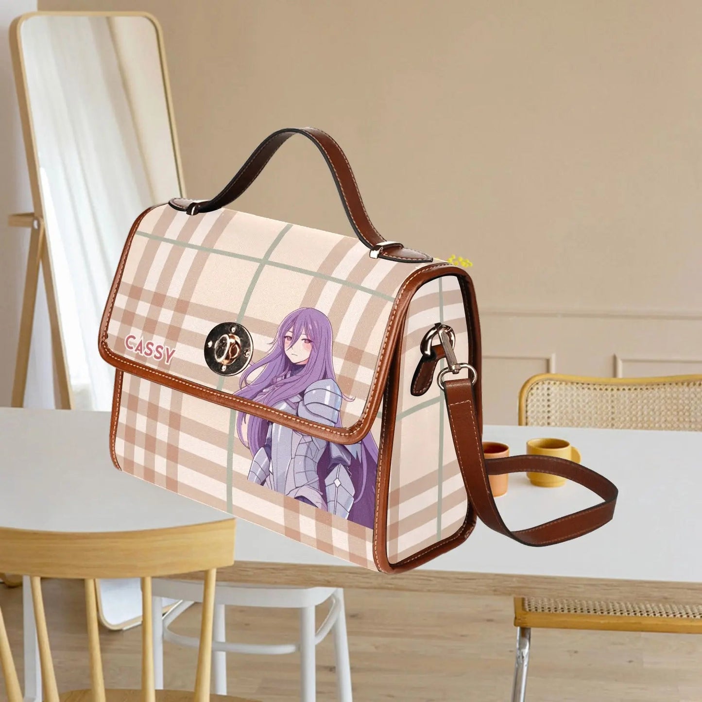 Personalized Waterproof Canvas Shoulder Strap Bag Tartan Brown Anime - Piryoung Shop