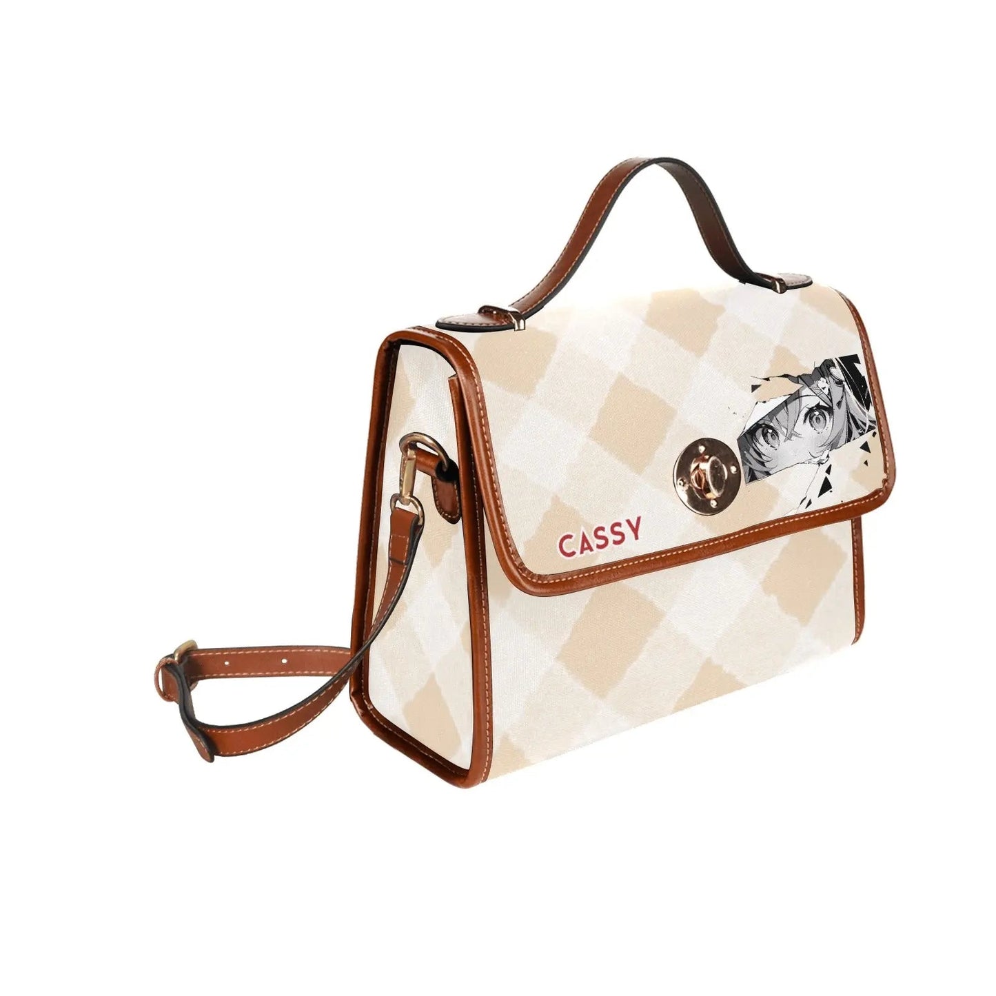 Personalized Waterproof Canvas Shoulder Strap Bag Tartan Brown Anime - Piryoung Shop