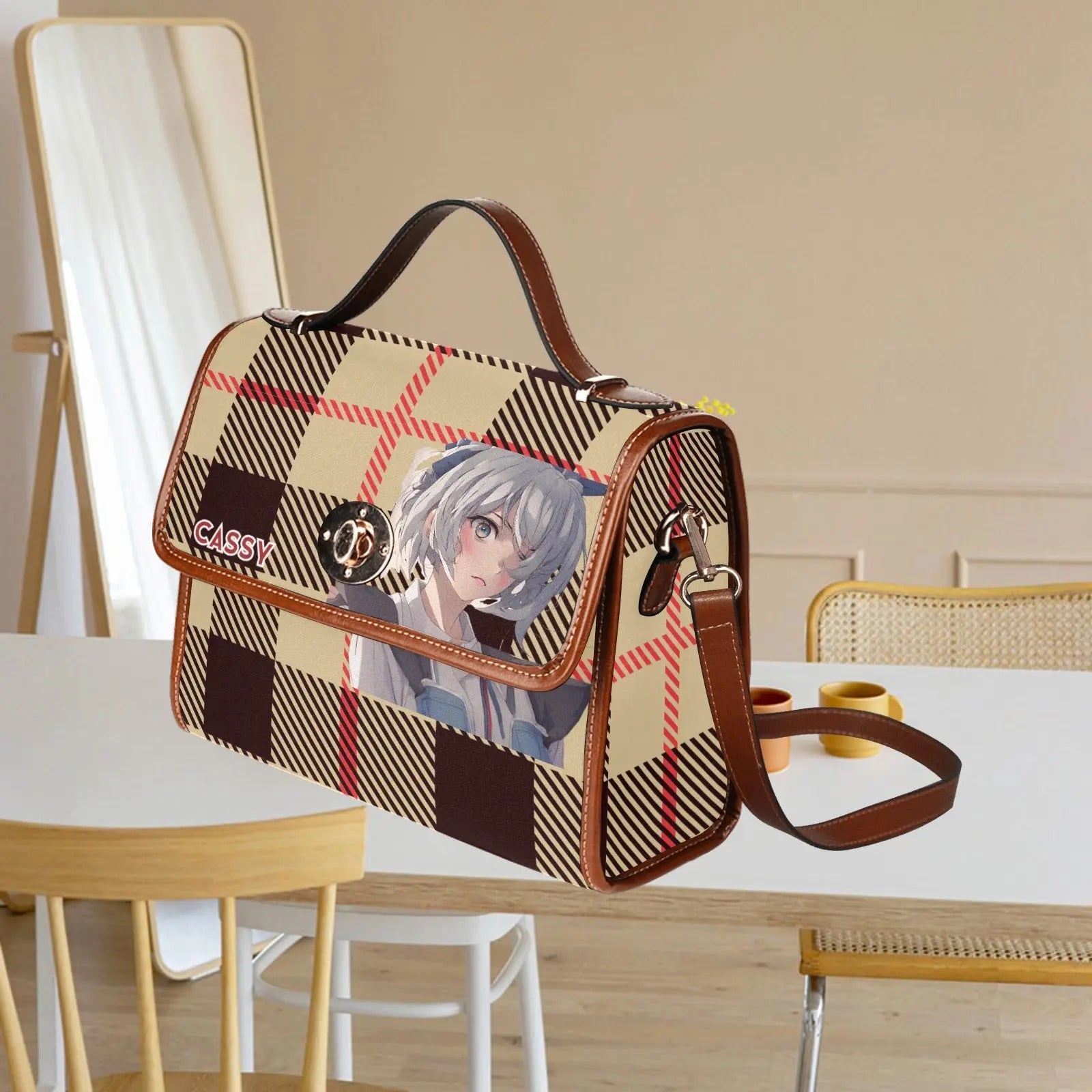Personalized Waterproof Canvas Shoulder Strap Bag Tartan Brown Anime - Piryoung Shop