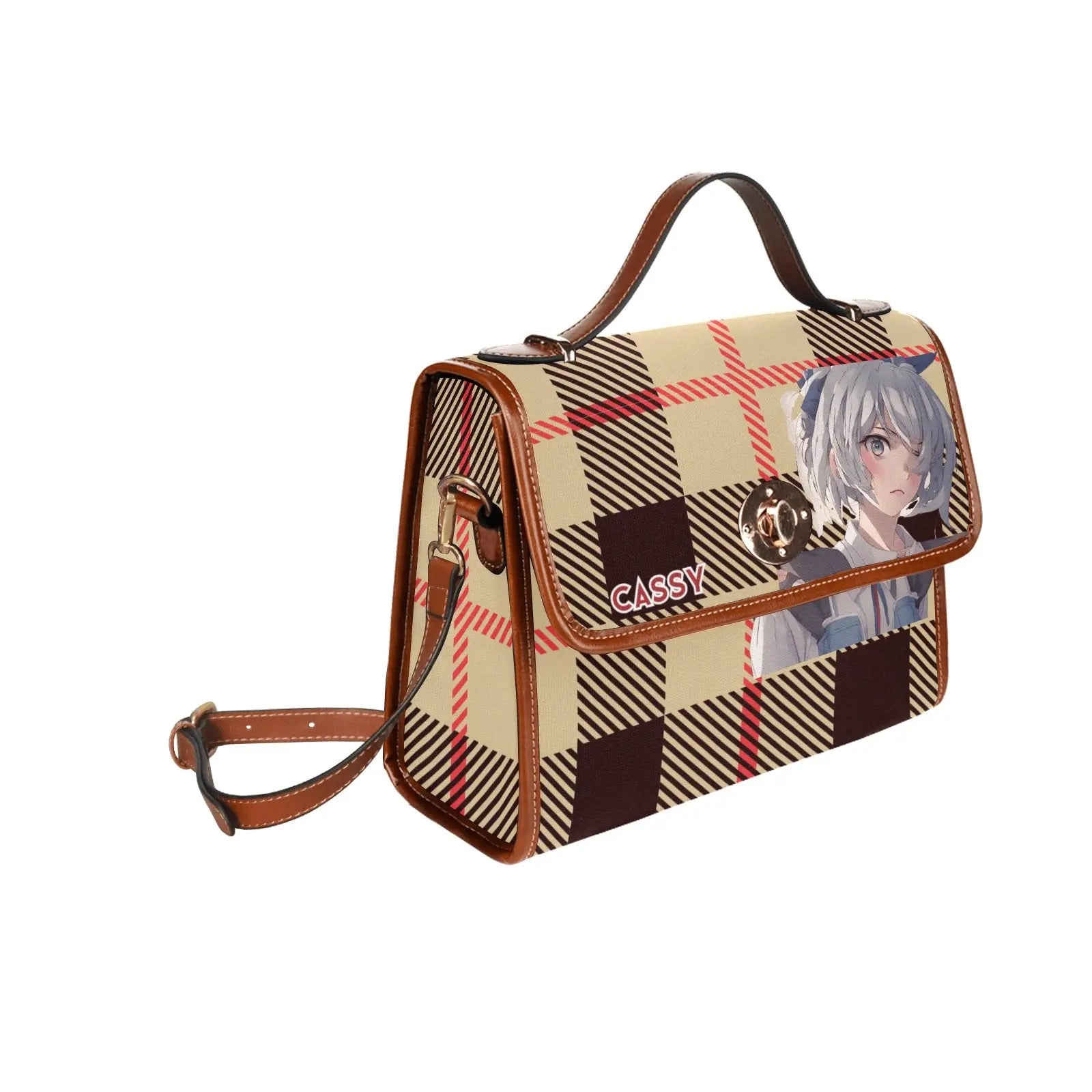 Personalized Waterproof Canvas Shoulder Strap Bag Tartan Brown Anime - Piryoung Shop