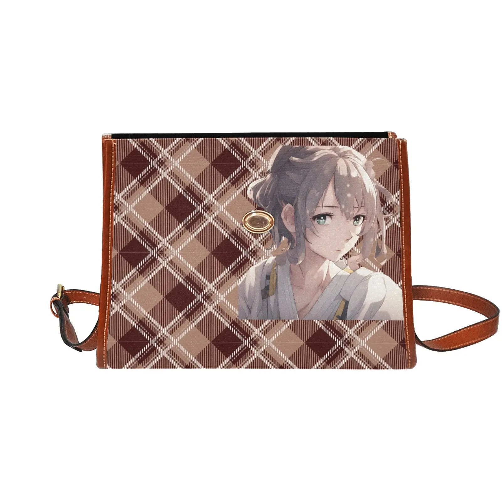 Personalized Waterproof Canvas Shoulder Strap Bag Tartan Brown Anime - Piryoung Shop