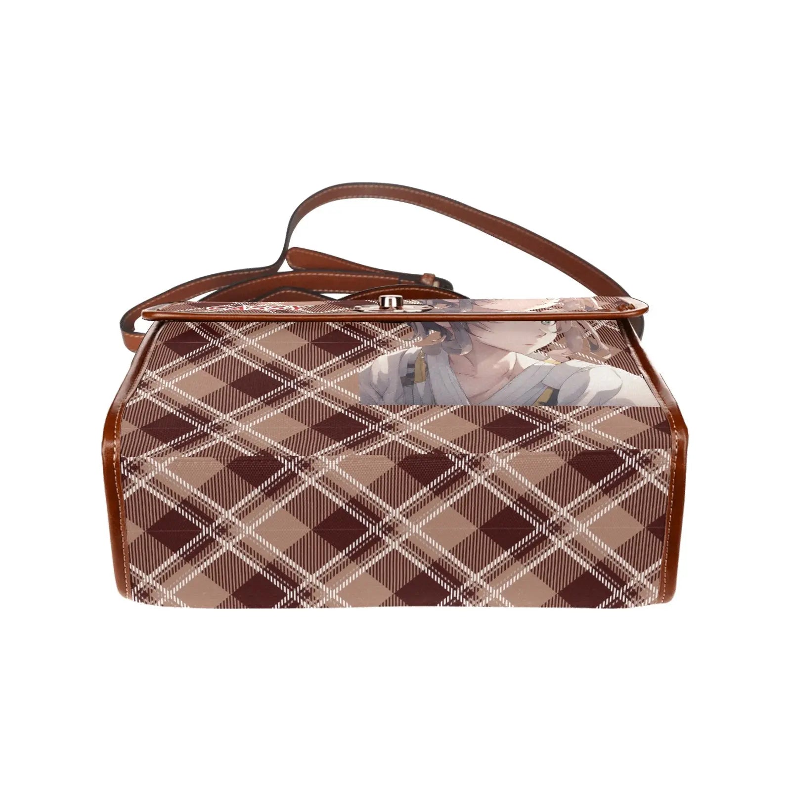 Personalized Waterproof Canvas Shoulder Strap Bag Tartan Brown Anime - Piryoung Shop