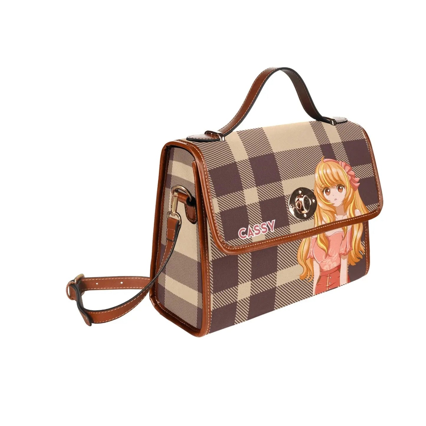 Personalized Waterproof Canvas Shoulder Strap Bag Tartan Brown Anime - Piryoung Shop