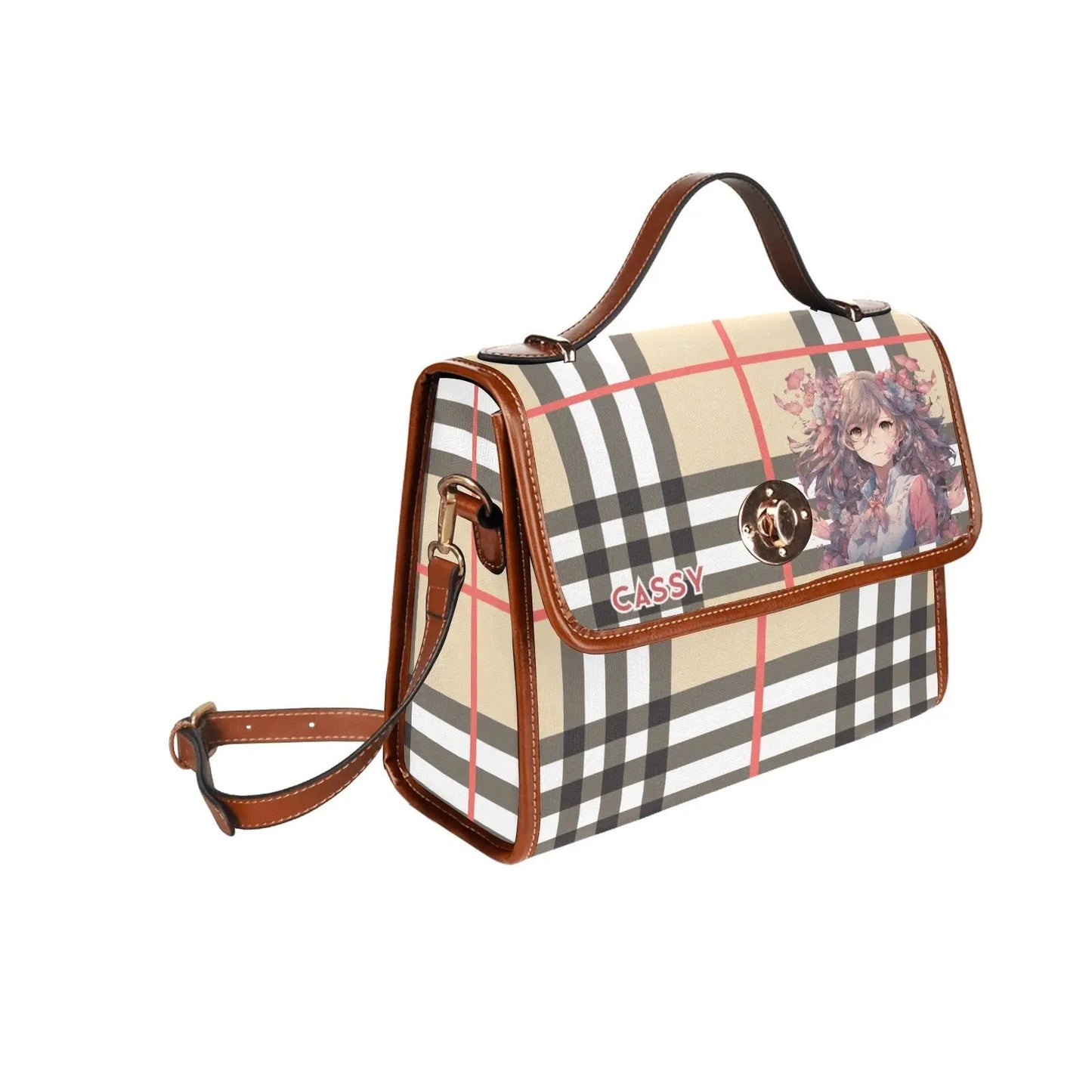 Personalized Waterproof Canvas Shoulder Strap Bag Tartan Brown Anime - Piryoung Shop