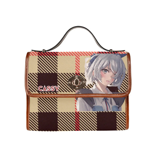 Personalized Waterproof Canvas Shoulder Strap Bag Tartan Brown Anime - Piryoung Shop