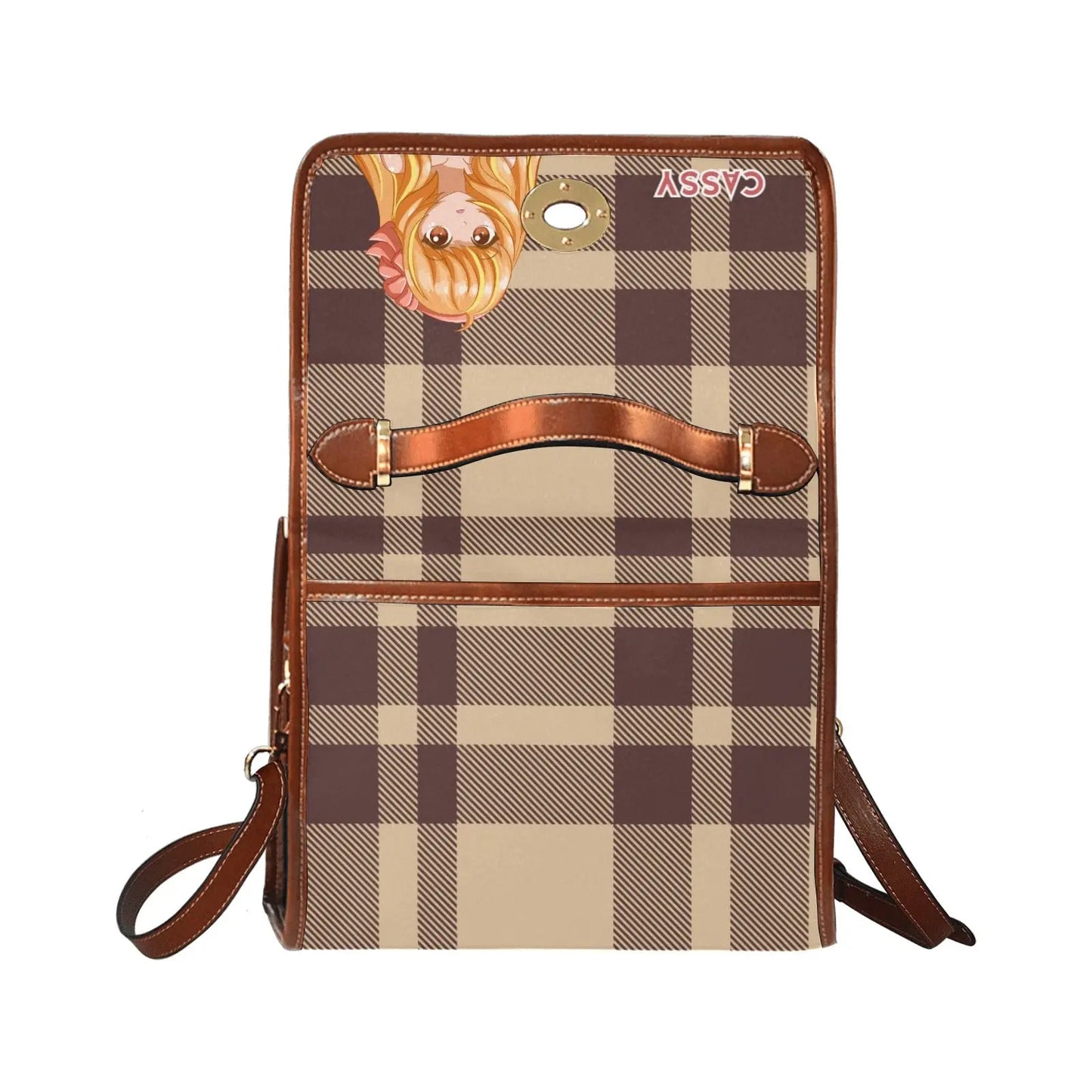 Personalized Waterproof Canvas Shoulder Strap Bag Tartan Brown Anime - Piryoung Shop