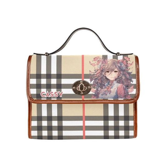 Personalized Waterproof Canvas Shoulder Strap Bag Tartan Brown Anime - Piryoung Shop