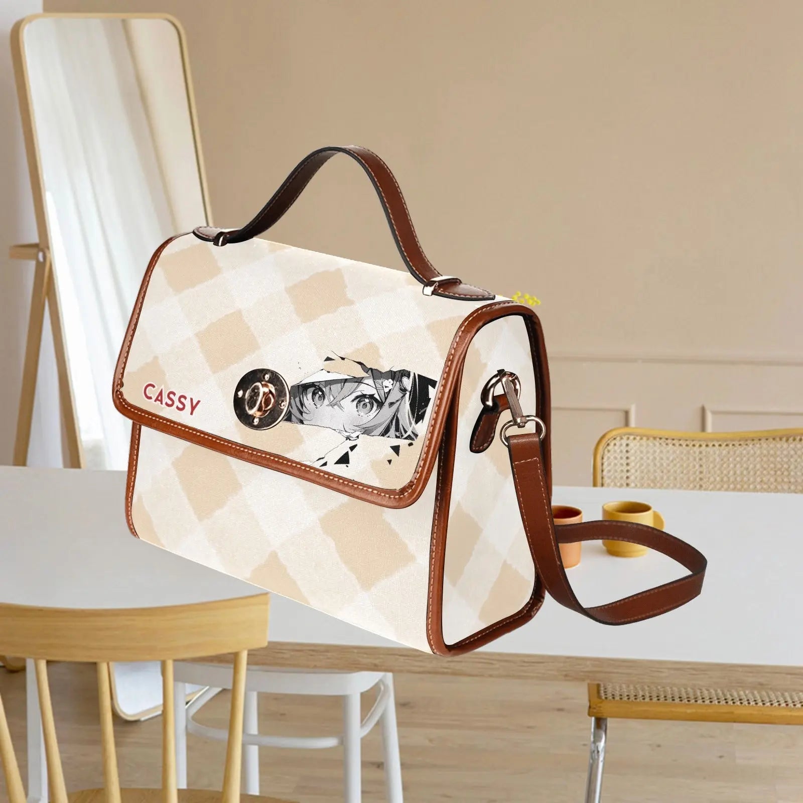 Personalized Waterproof Canvas Shoulder Strap Bag Tartan Brown Anime - Piryoung Shop