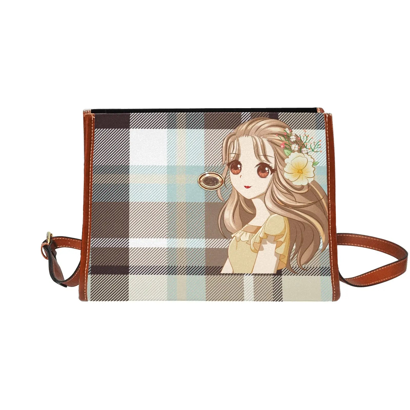 Personalized Waterproof Canvas Shoulder Strap Bag Tartan Brown Anime - Piryoung Shop