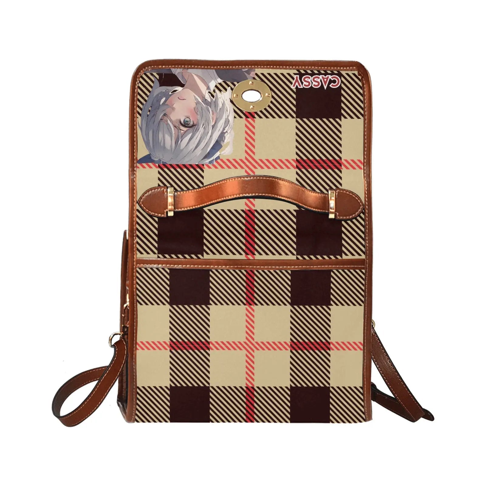 Personalized Waterproof Canvas Shoulder Strap Bag Tartan Brown Anime - Piryoung Shop
