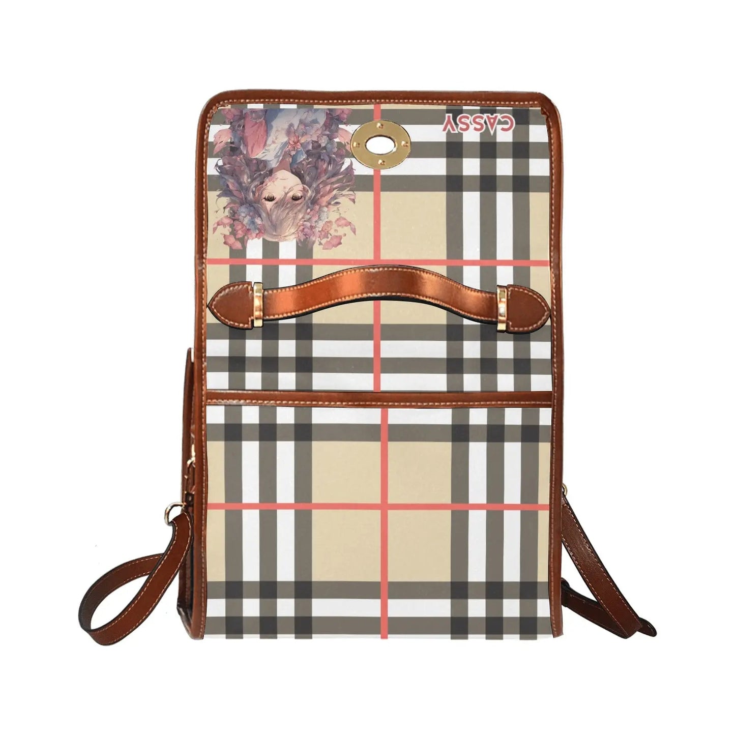 Personalized Waterproof Canvas Shoulder Strap Bag Tartan Brown Anime - Piryoung Shop