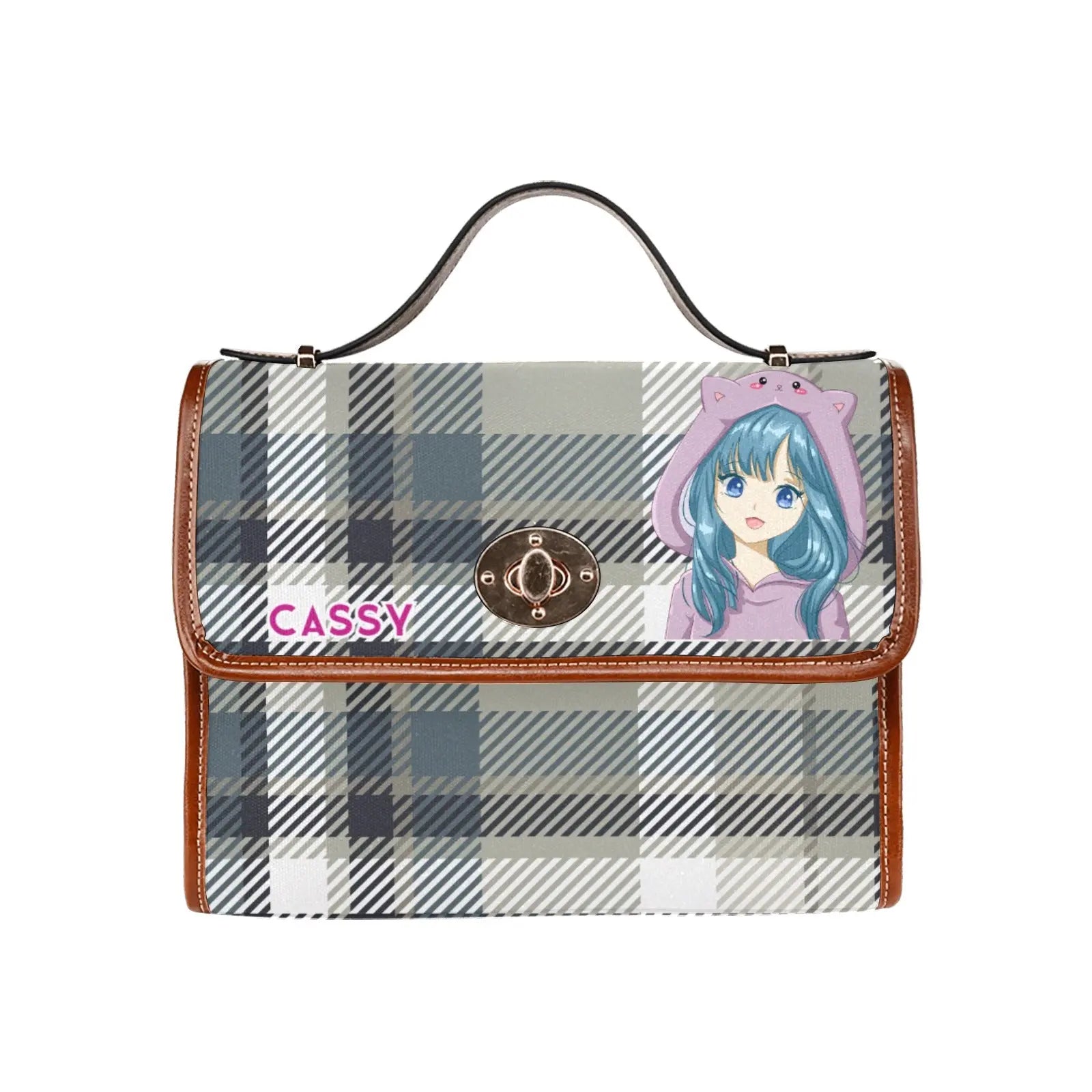 Personalized Waterproof Canvas Shoulder Strap Bag Tartan Brown Anime - Piryoung Shop