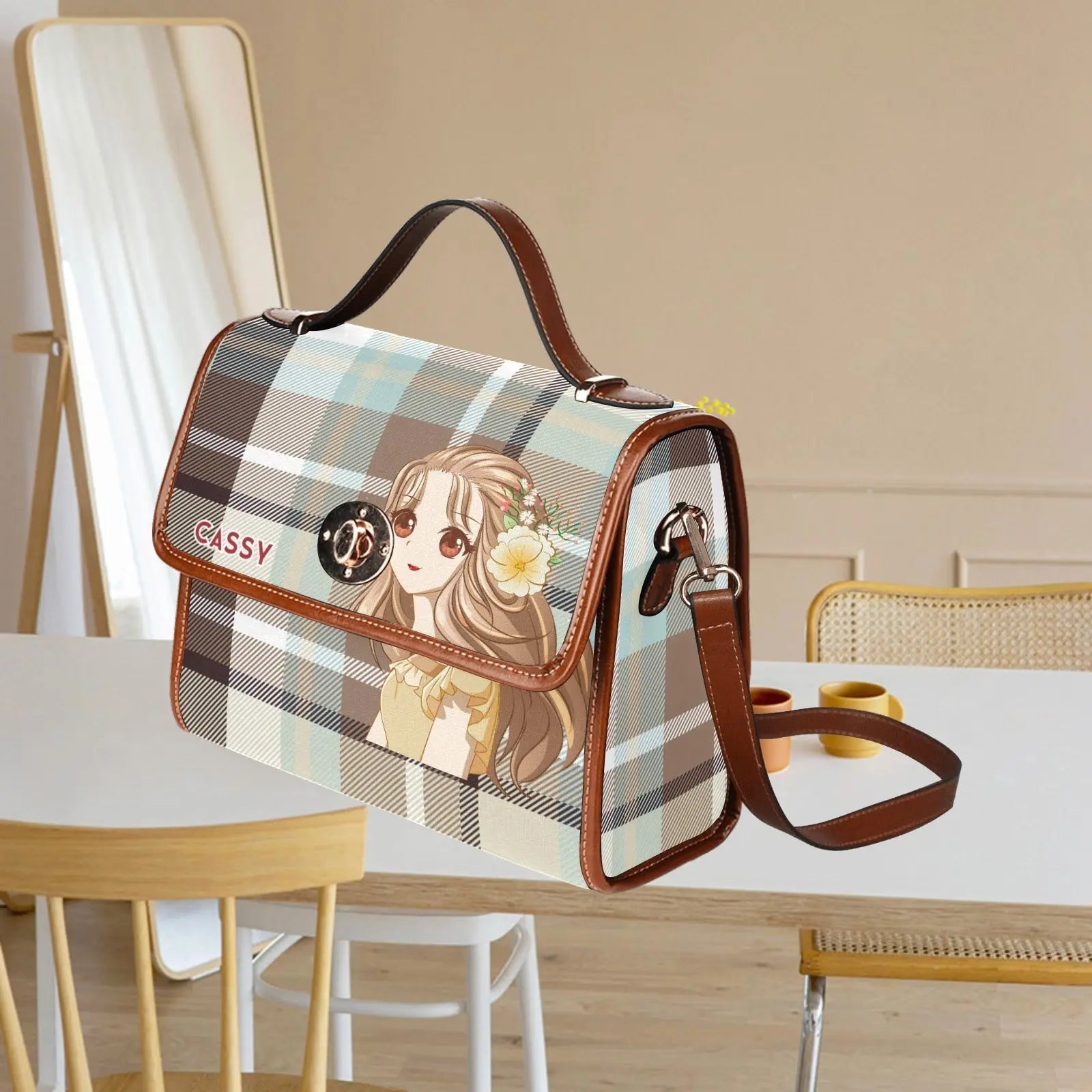 Personalized Waterproof Canvas Shoulder Strap Bag Tartan Brown Anime - Piryoung Shop