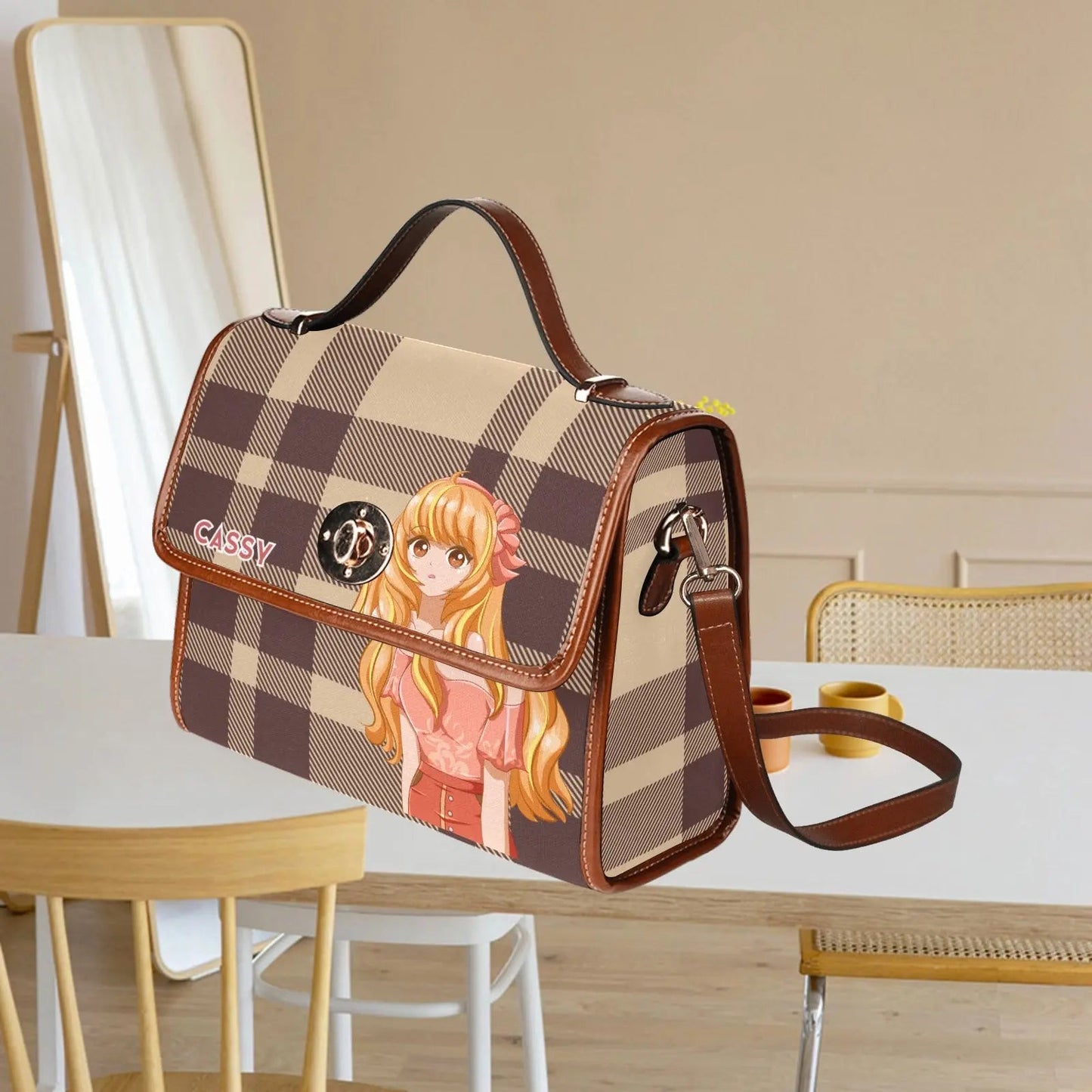 Personalized Waterproof Canvas Shoulder Strap Bag Tartan Brown Anime - Piryoung Shop