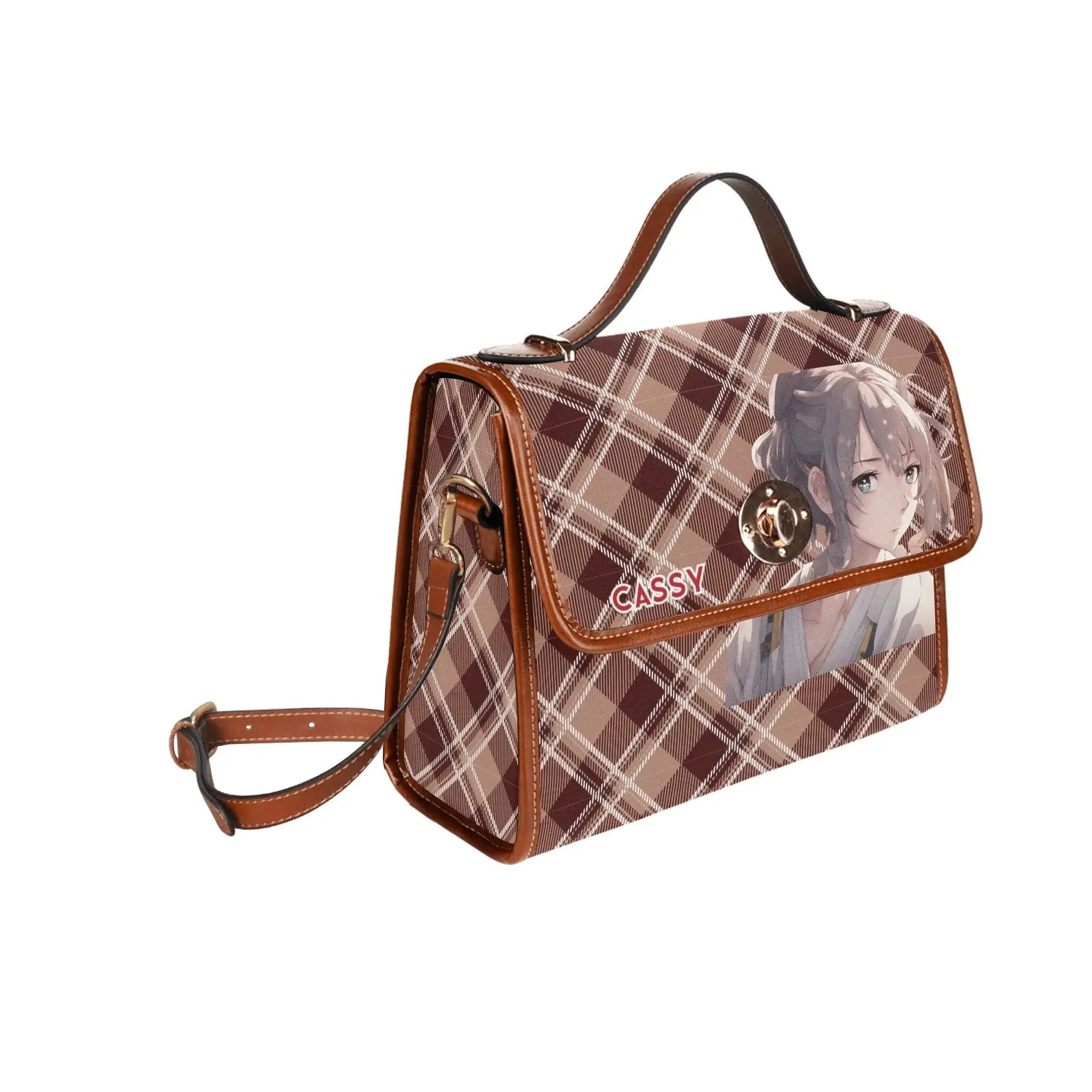 Personalized Waterproof Canvas Shoulder Strap Bag Tartan Brown Anime - Piryoung Shop