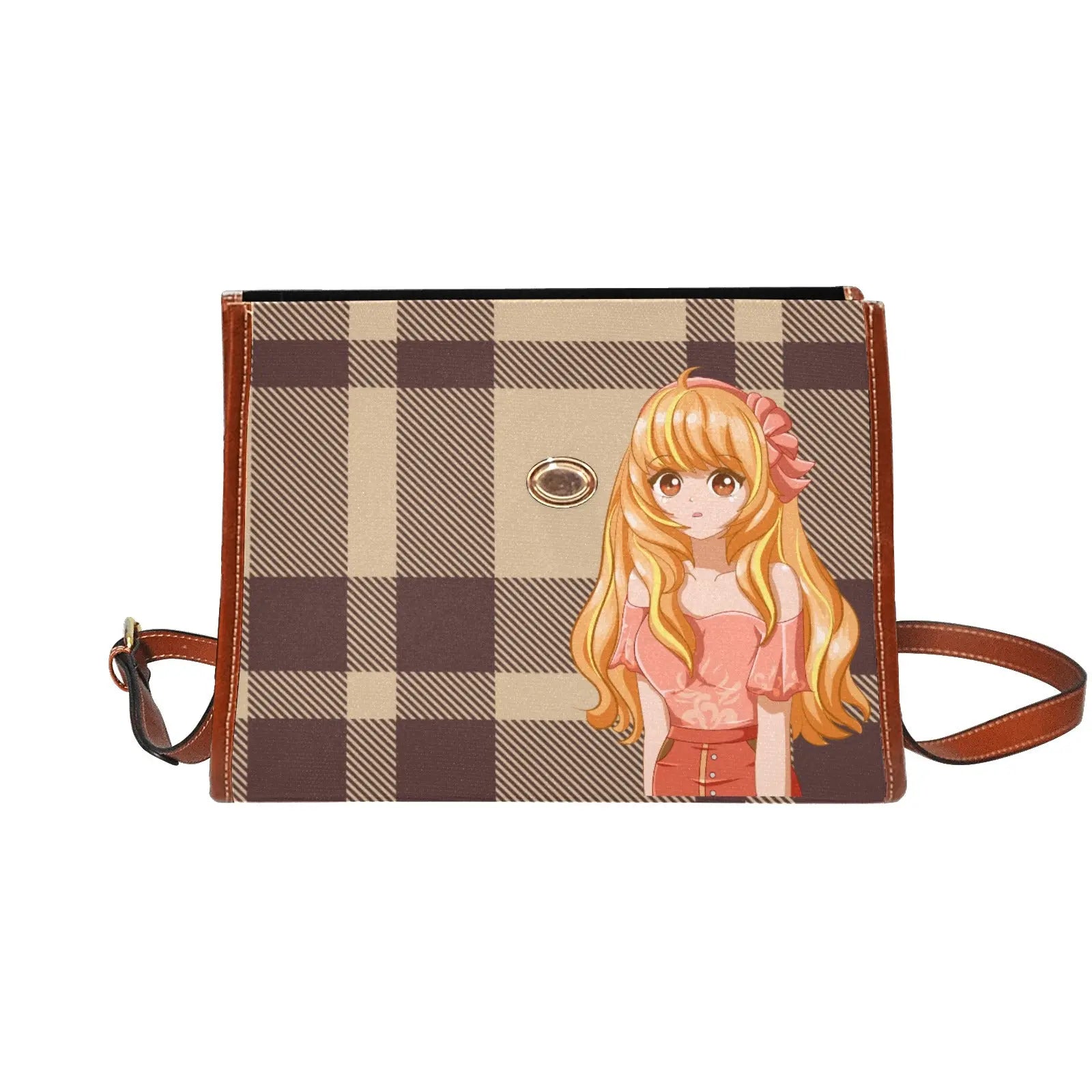 Personalized Waterproof Canvas Shoulder Strap Bag Tartan Brown Anime - Piryoung Shop