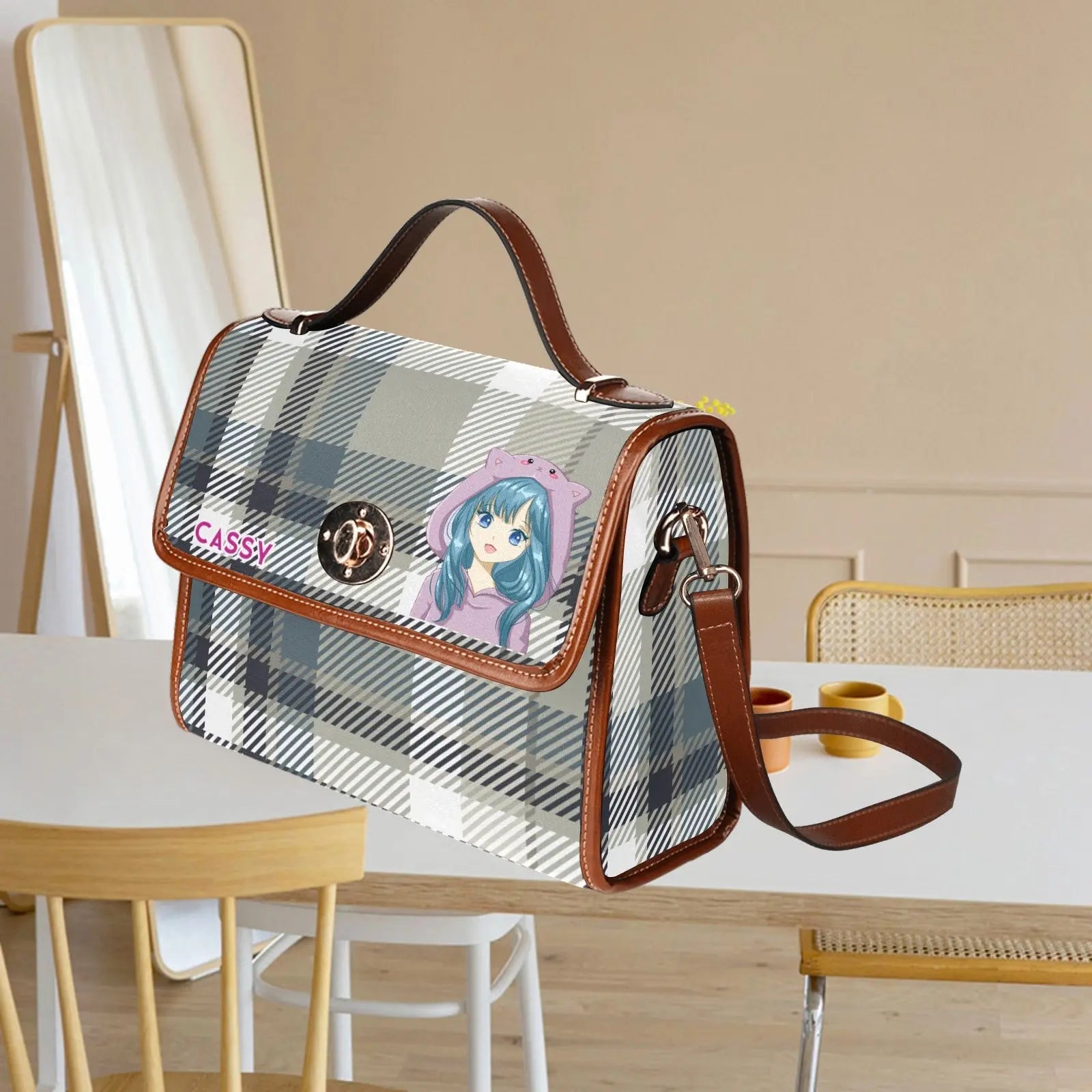 Personalized Waterproof Canvas Shoulder Strap Bag Tartan Brown Anime - Piryoung Shop
