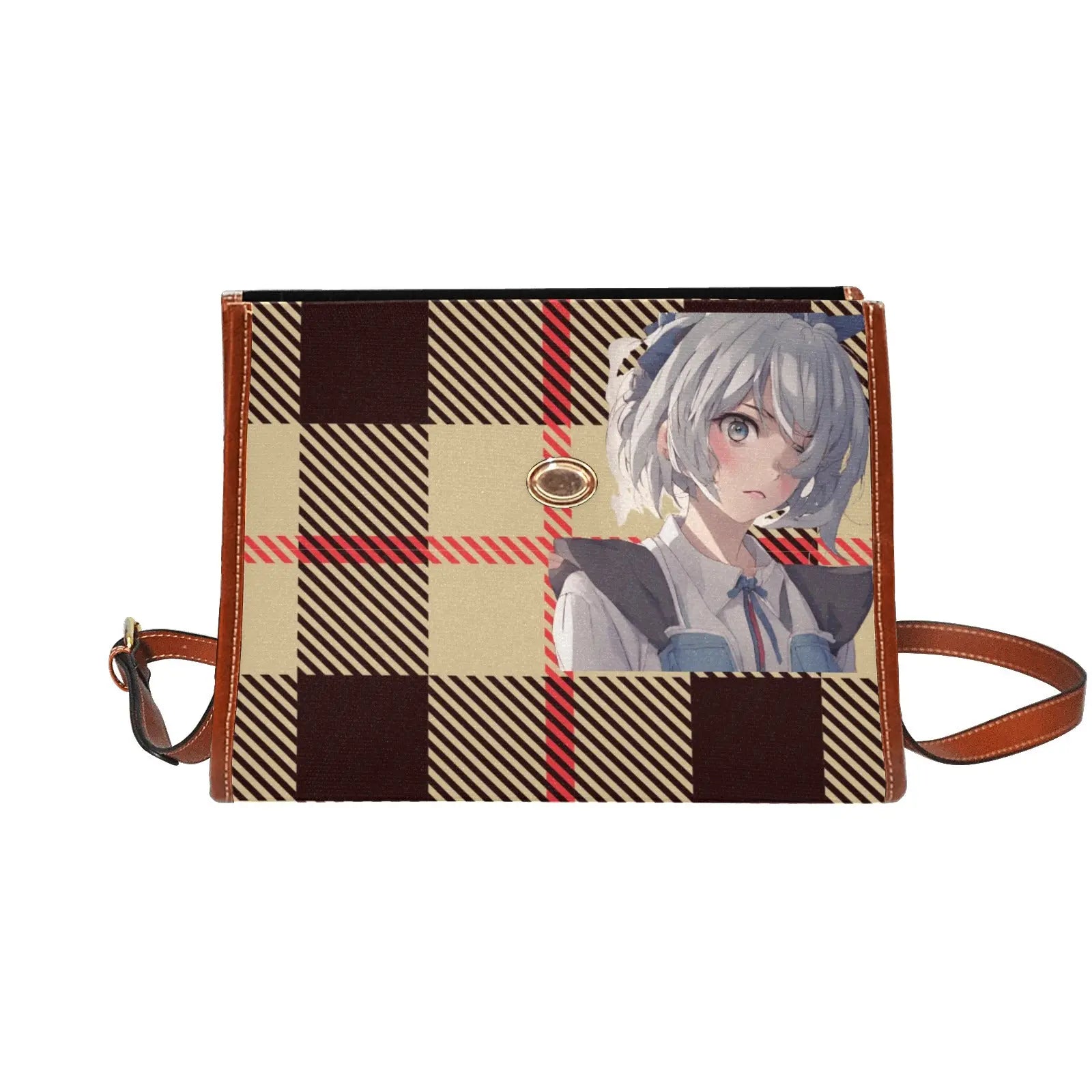 Personalized Waterproof Canvas Shoulder Strap Bag Tartan Brown Anime - Piryoung Shop