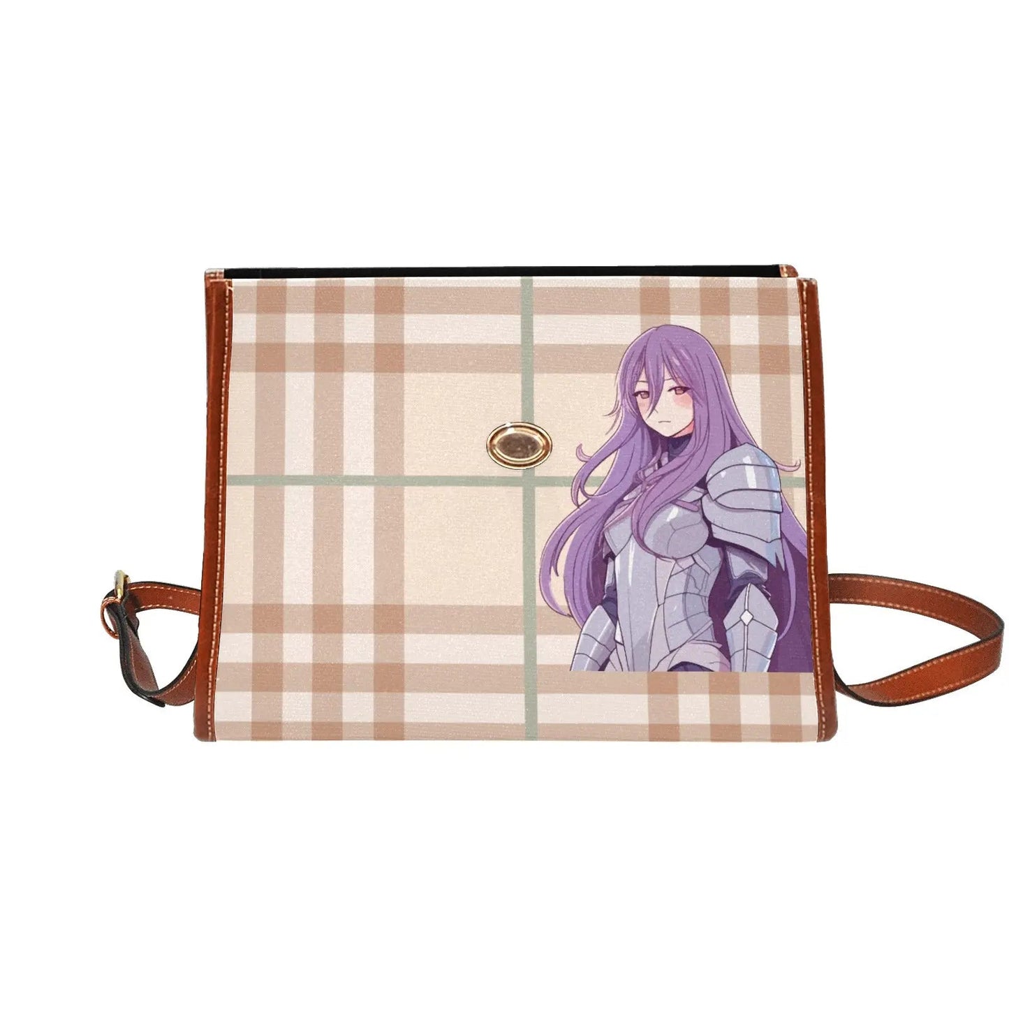 Personalized Waterproof Canvas Shoulder Strap Bag Tartan Brown Anime - Piryoung Shop
