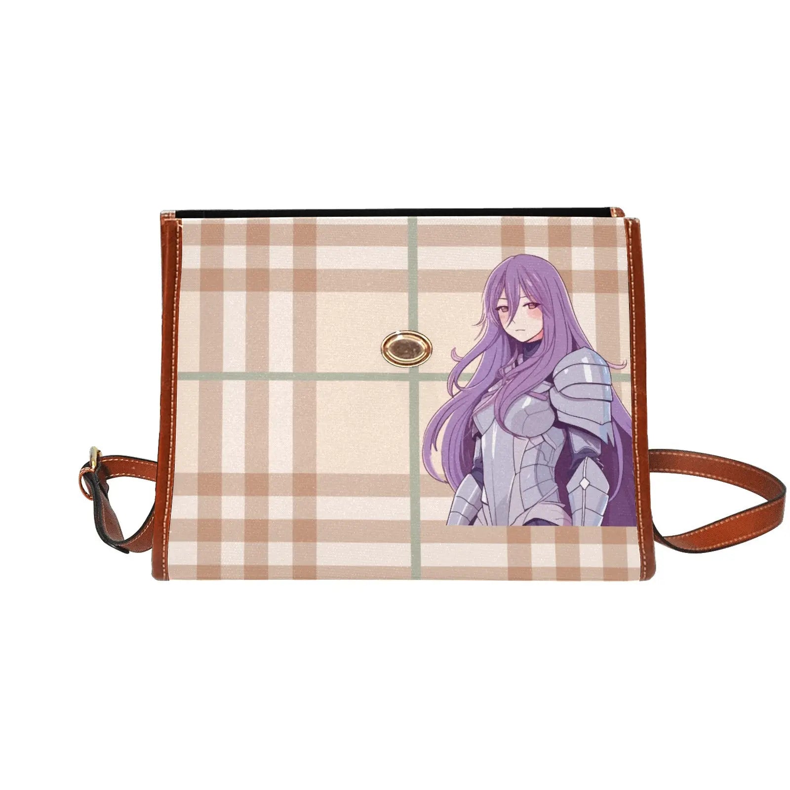 Personalized Waterproof Canvas Shoulder Strap Bag Tartan Brown Anime - Piryoung Shop