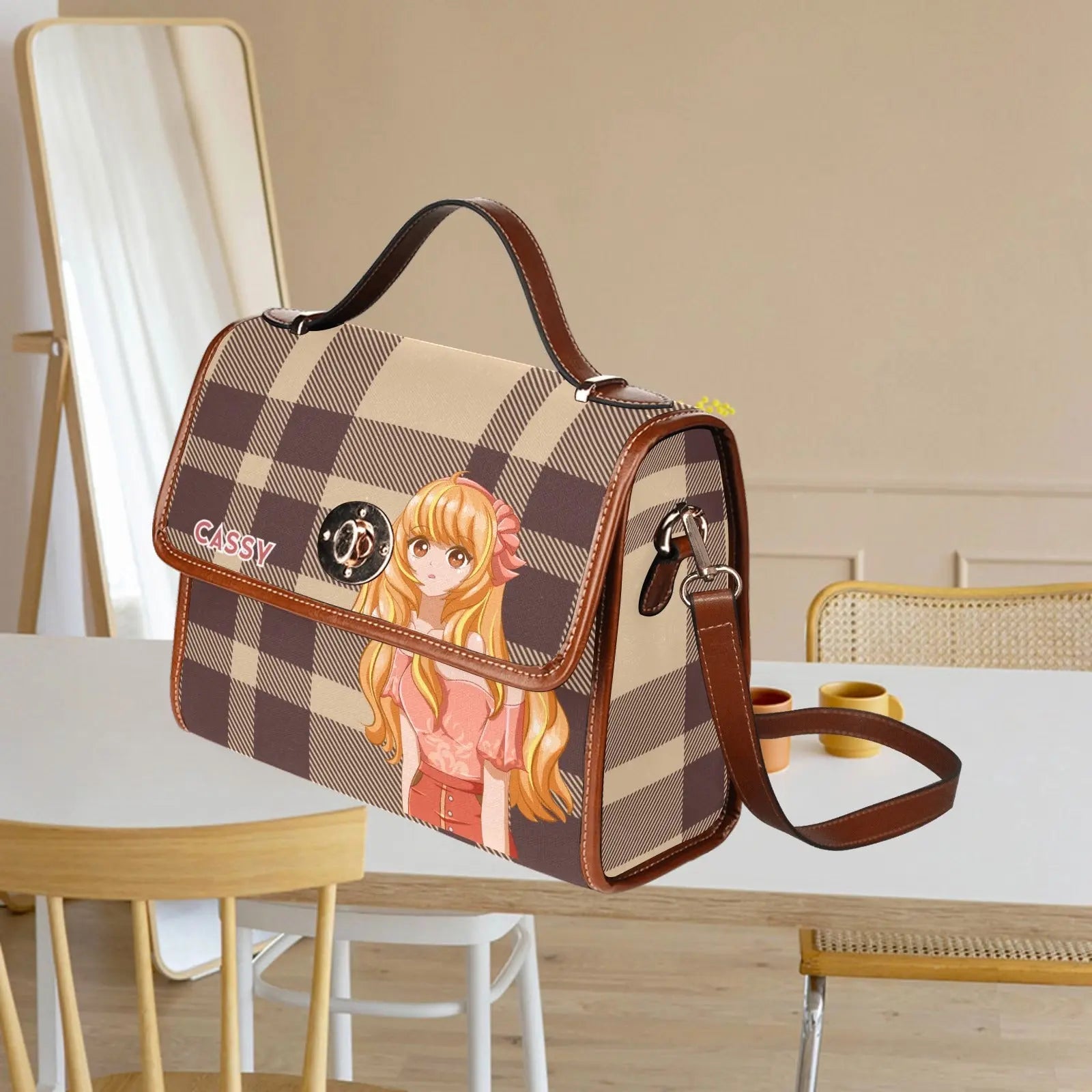 Personalized Waterproof Canvas Shoulder Strap Bag Tartan Brown Anime - Piryoung Shop