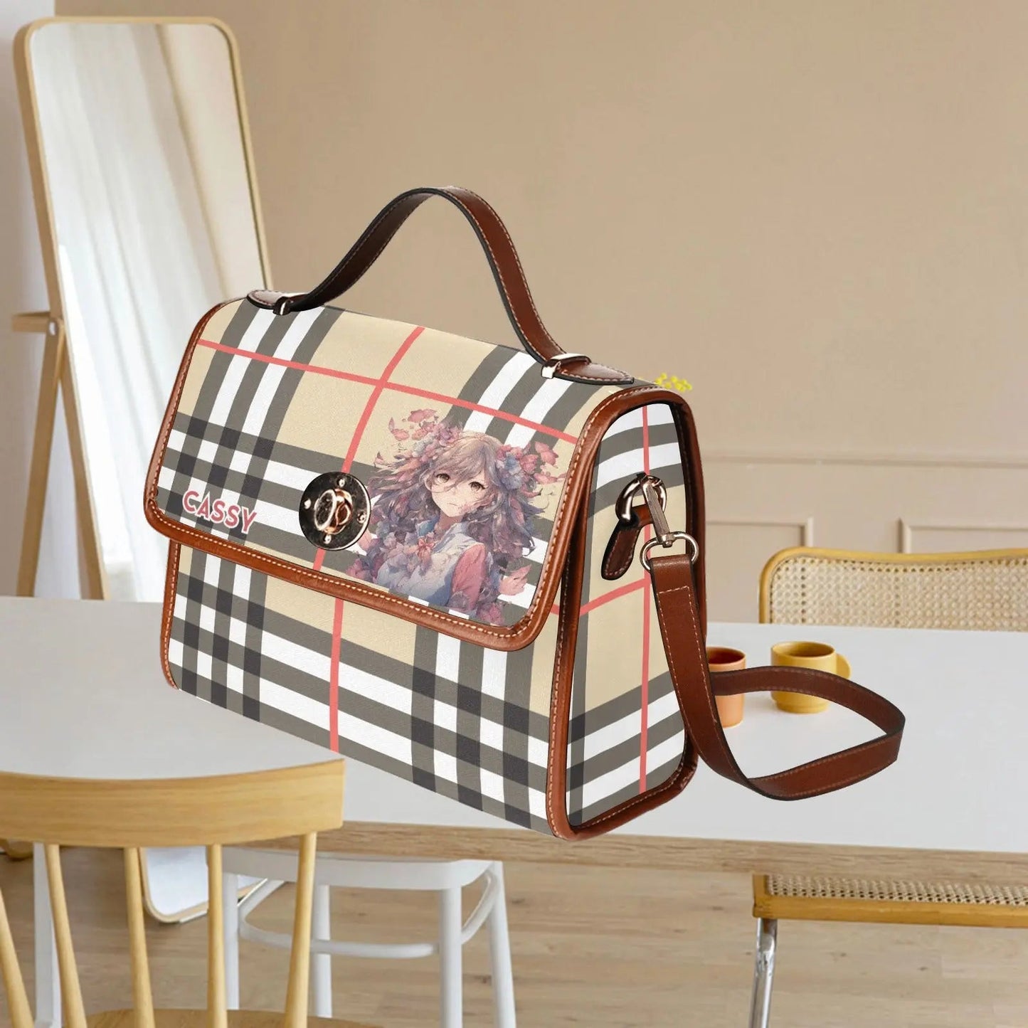 Personalized Waterproof Canvas Shoulder Strap Bag Tartan Brown Anime - Piryoung Shop