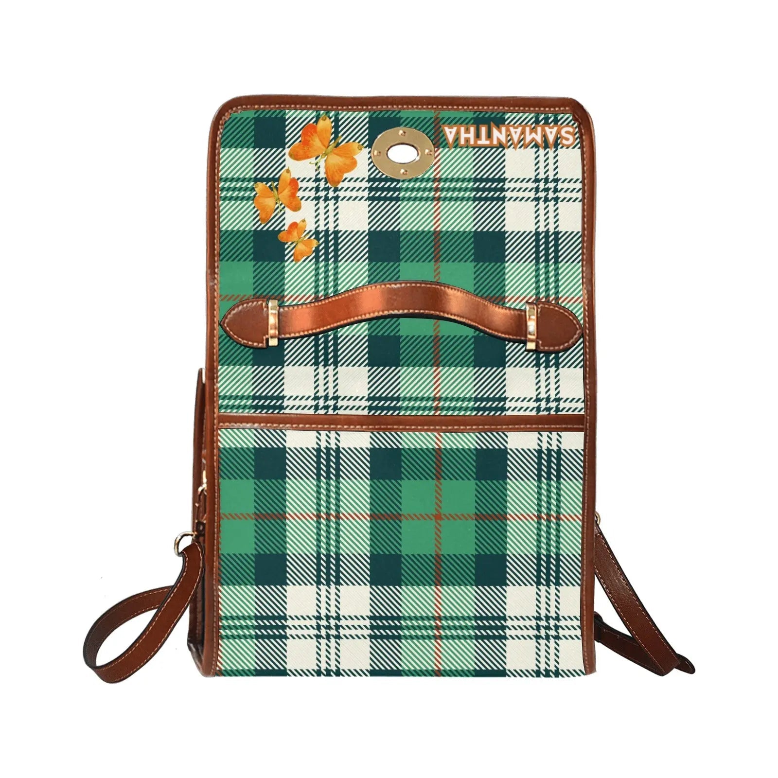 Personalized Waterproof Canvas Shoulder Strap Bag Tartan Butterfly - Piryoung Shop