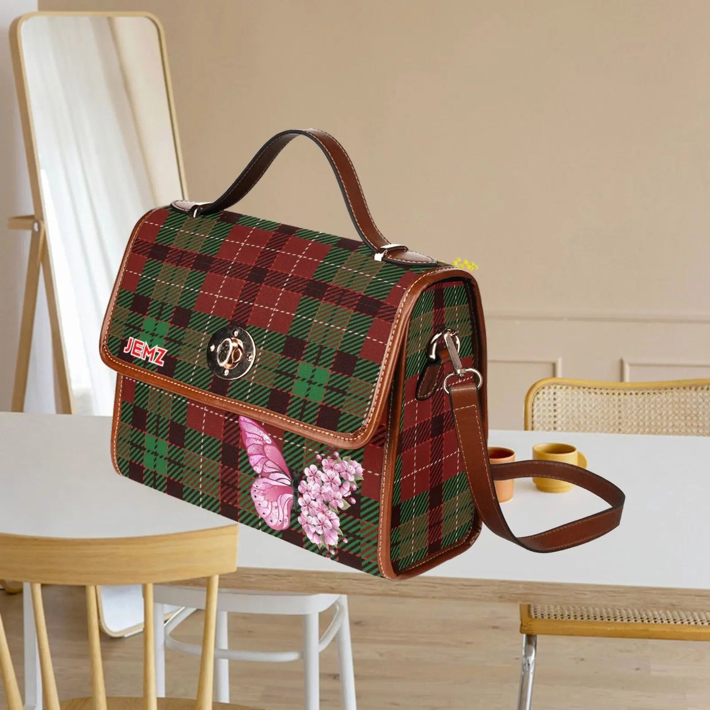 Personalized Waterproof Canvas Shoulder Strap Bag Tartan Butterfly - Piryoung Shop