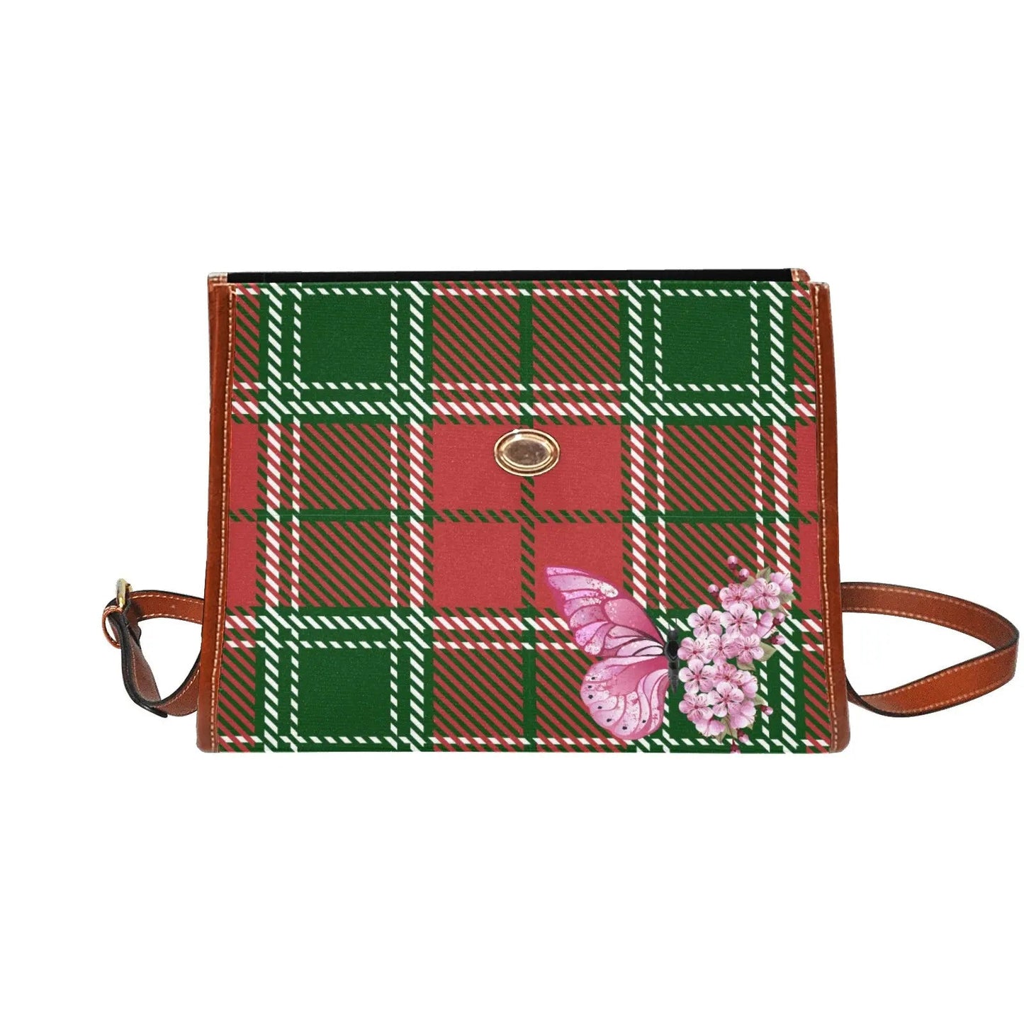 Personalized Waterproof Canvas Shoulder Strap Bag Tartan Butterfly - Piryoung Shop