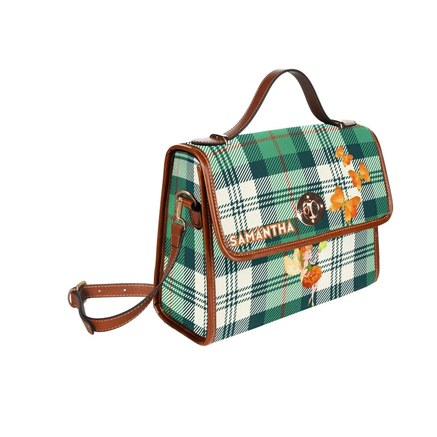 Personalized Waterproof Canvas Shoulder Strap Bag Tartan Butterfly - Piryoung Shop