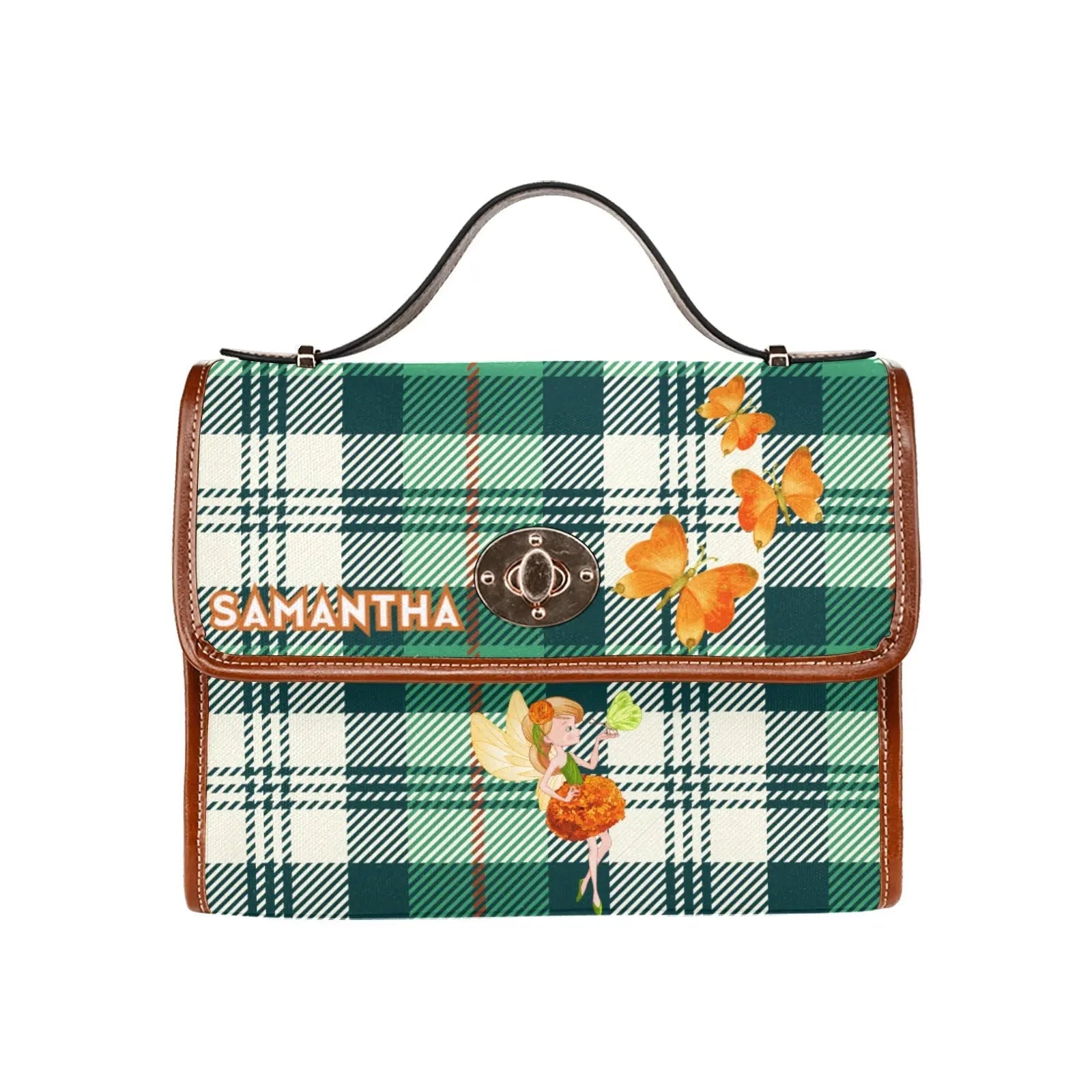 Personalized Waterproof Canvas Shoulder Strap Bag Tartan Butterfly - Piryoung Shop