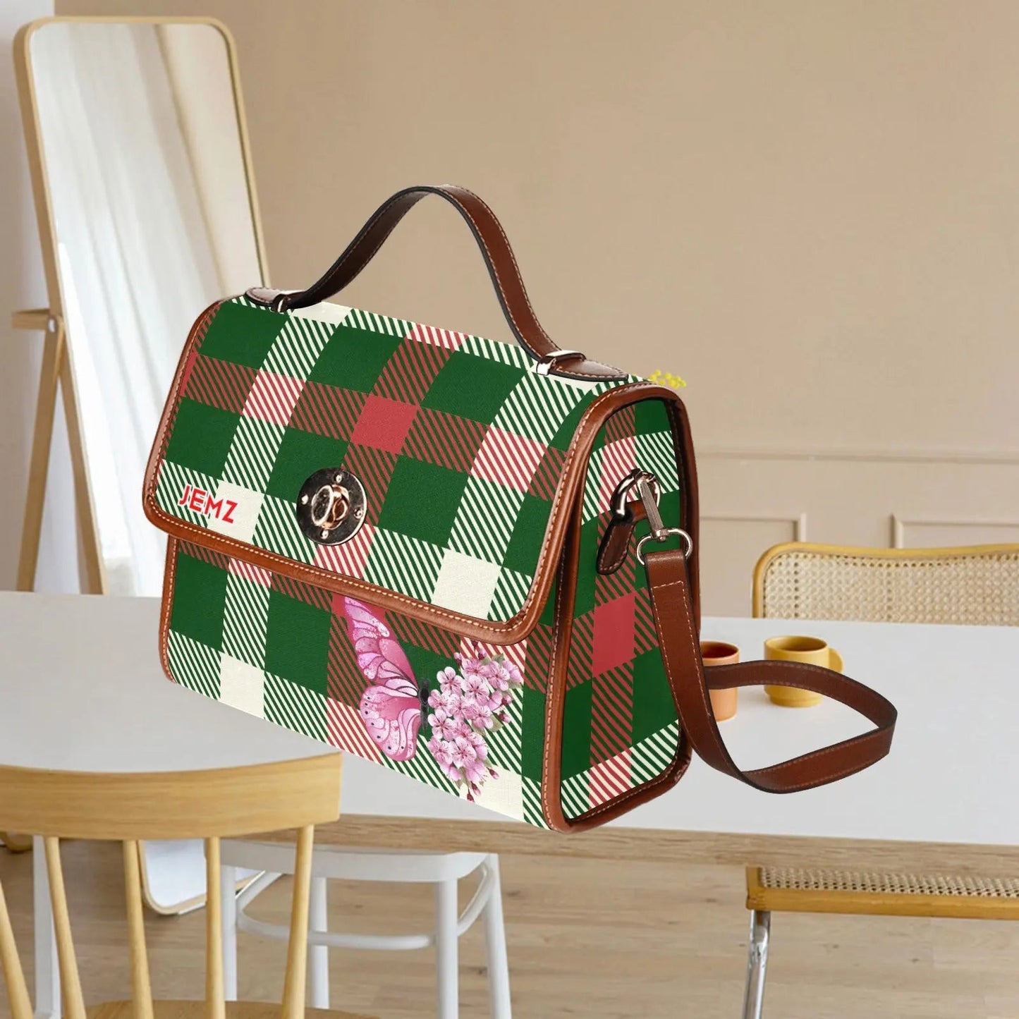 Personalized Waterproof Canvas Shoulder Strap Bag Tartan Butterfly - Piryoung Shop