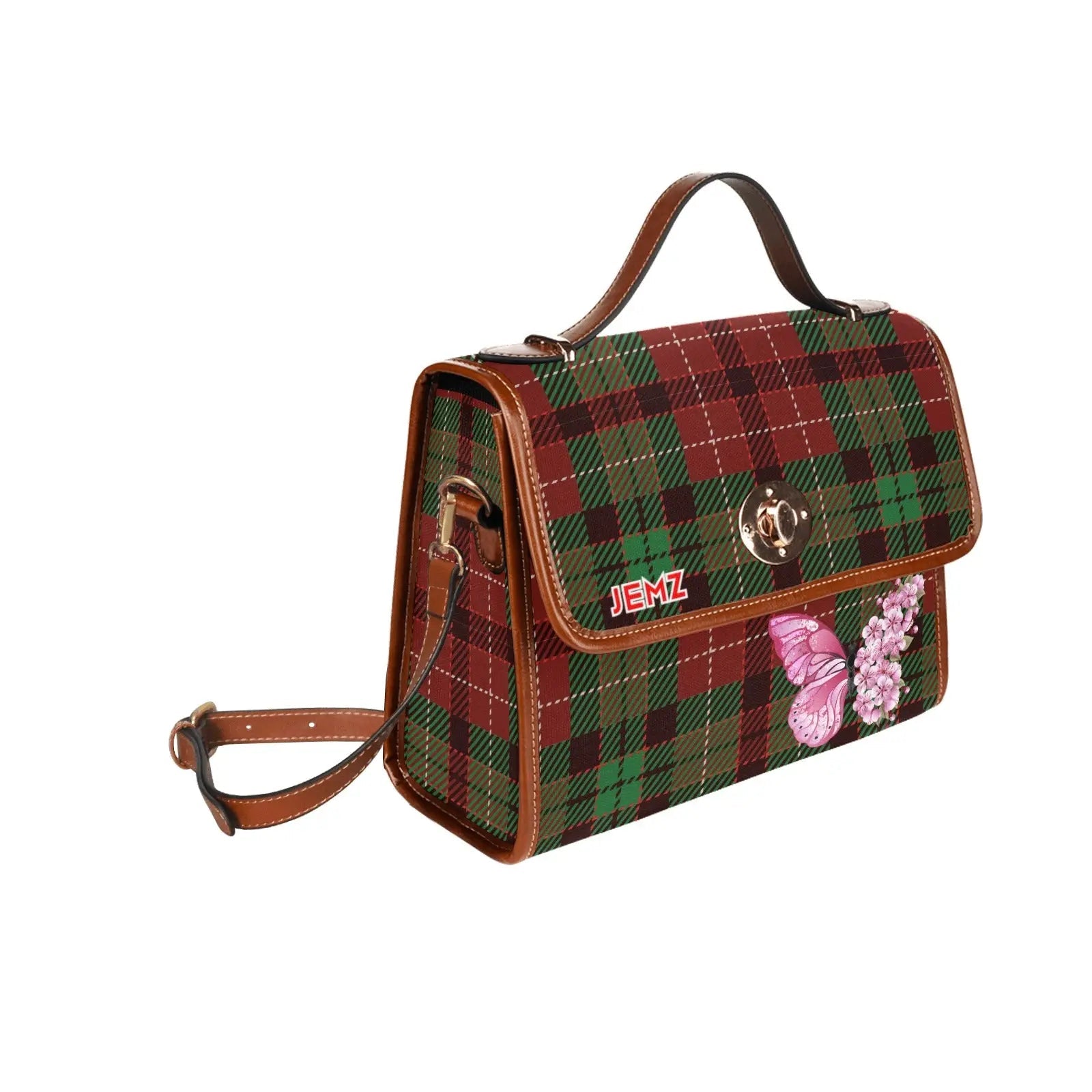 Personalized Waterproof Canvas Shoulder Strap Bag Tartan Butterfly - Piryoung Shop
