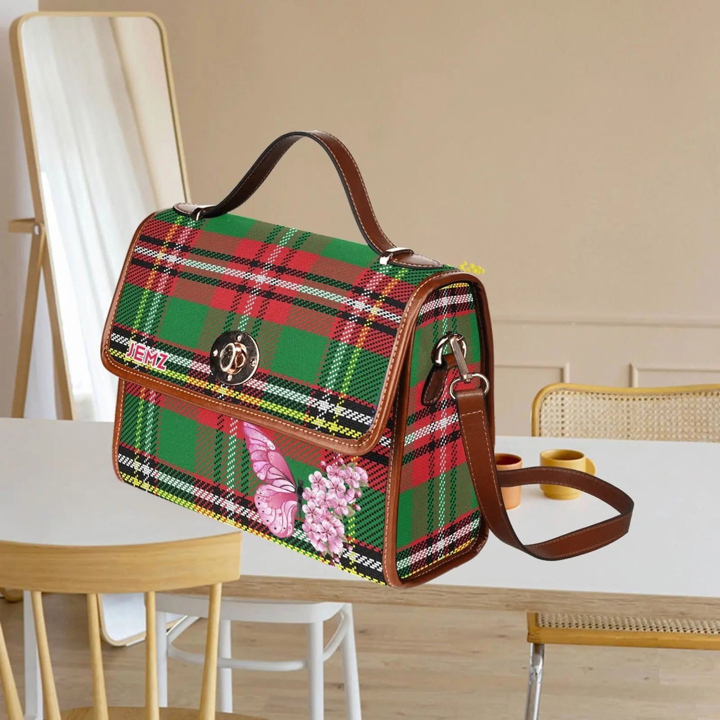 Personalized Waterproof Canvas Shoulder Strap Bag Tartan Butterfly - Piryoung Shop