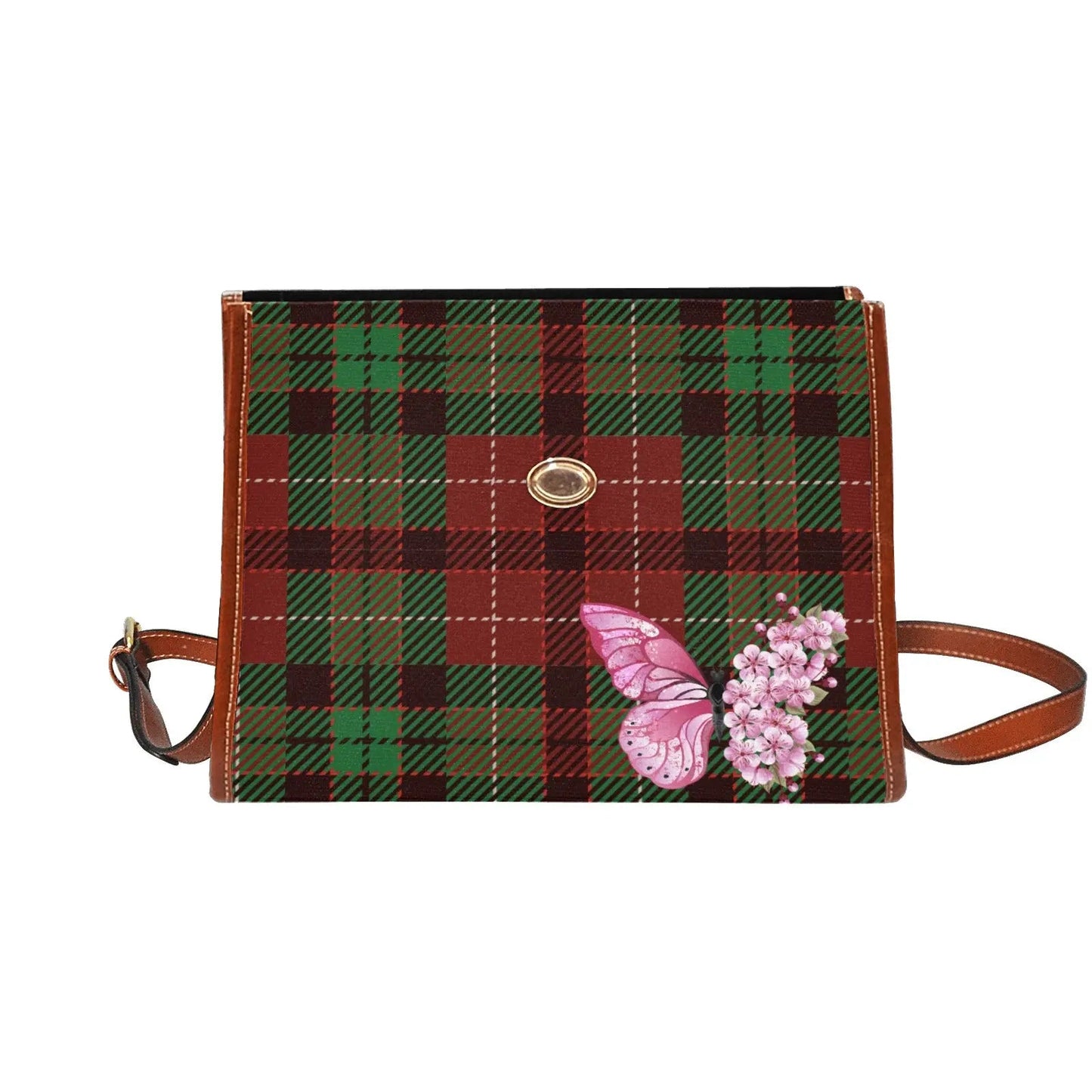 Personalized Waterproof Canvas Shoulder Strap Bag Tartan Butterfly - Piryoung Shop