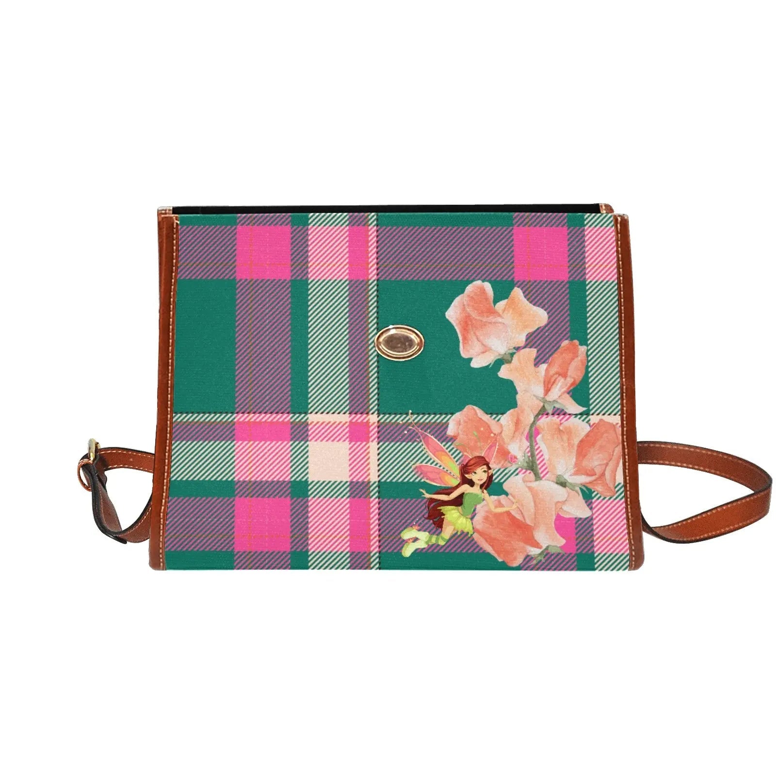 Personalized Waterproof Canvas Shoulder Strap Bag Tartan Fairy Flower - Piryoung Shop