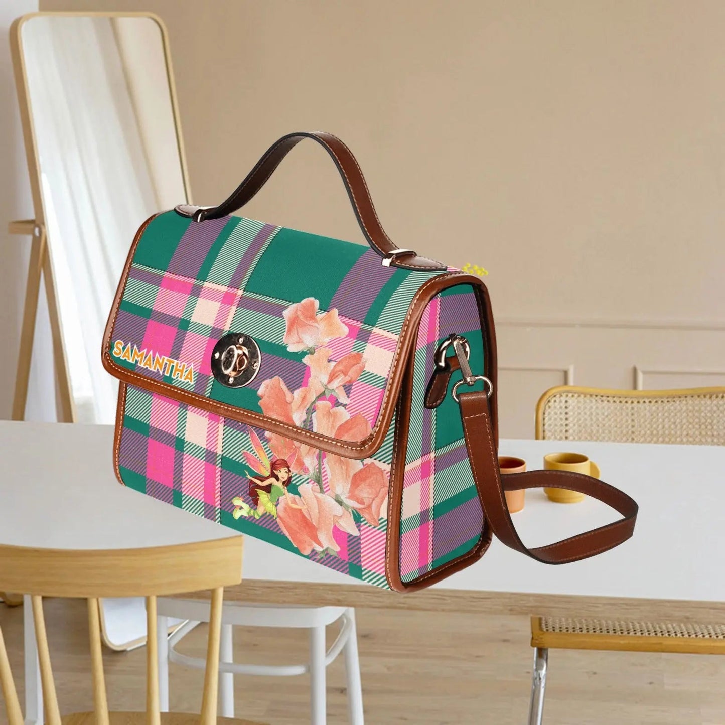 Personalized Waterproof Canvas Shoulder Strap Bag Tartan Fairy Flower - Piryoung Shop