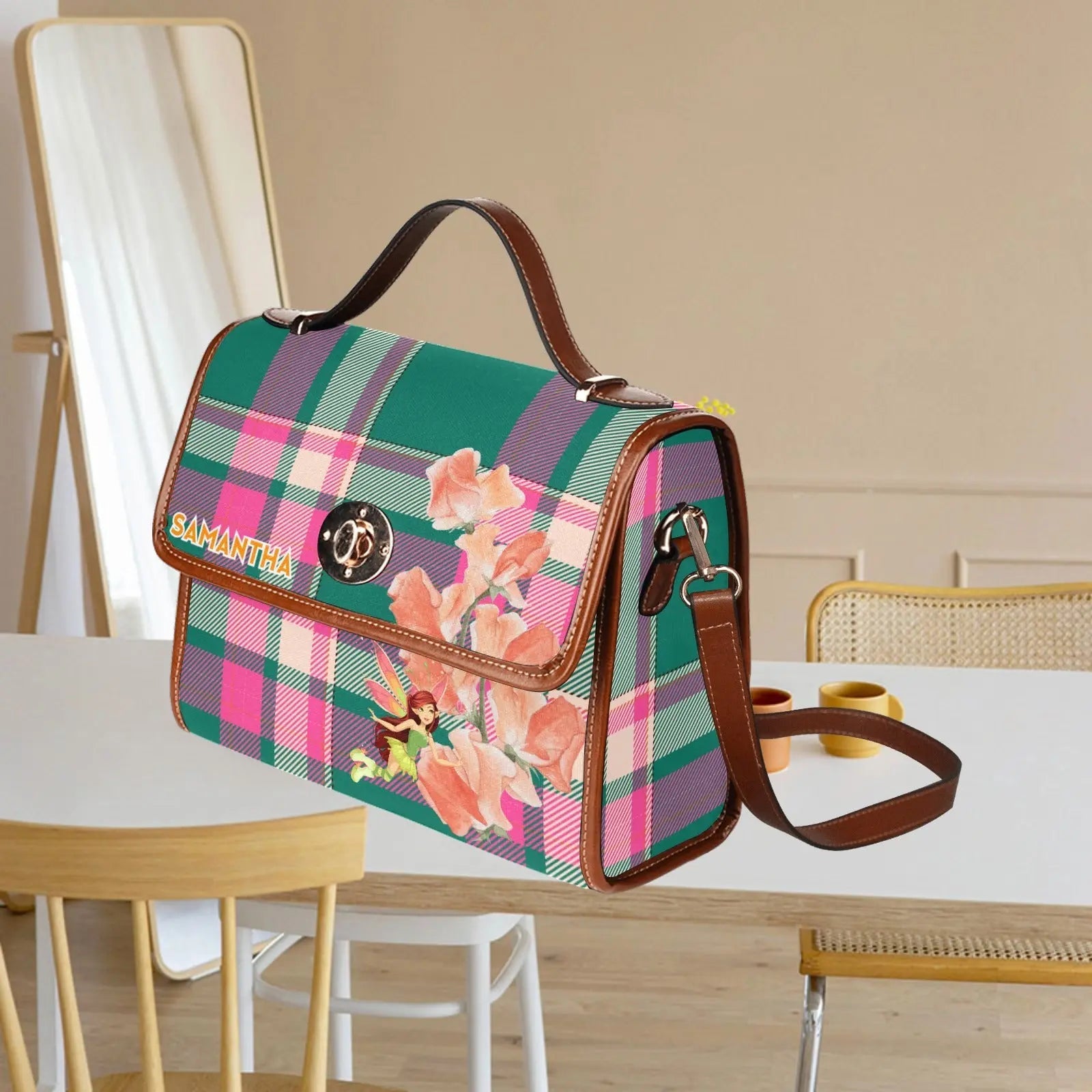 Personalized Waterproof Canvas Shoulder Strap Bag Tartan Fairy Flower - Piryoung Shop