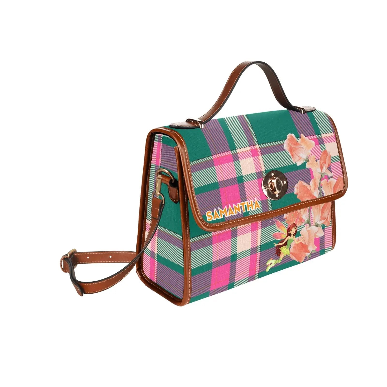 Personalized Waterproof Canvas Shoulder Strap Bag Tartan Fairy Flower - Piryoung Shop