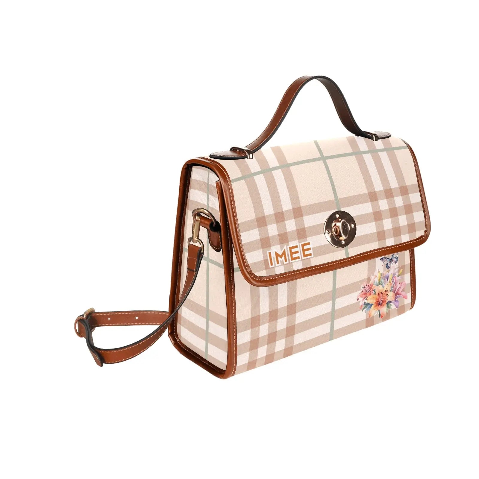 Personalized Waterproof Canvas Shoulder Strap Bag Tartan Flower - Piryoung Shop