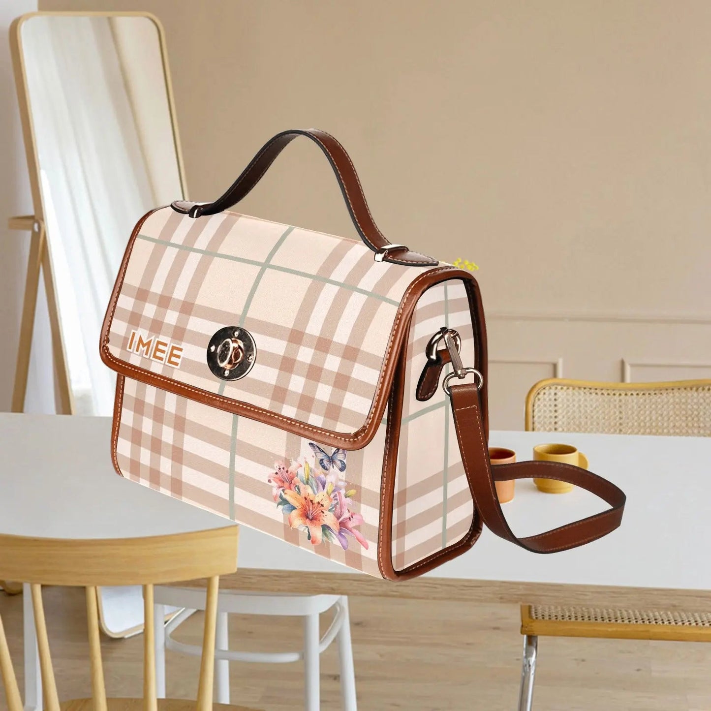 Personalized Waterproof Canvas Shoulder Strap Bag Tartan Flower - Piryoung Shop