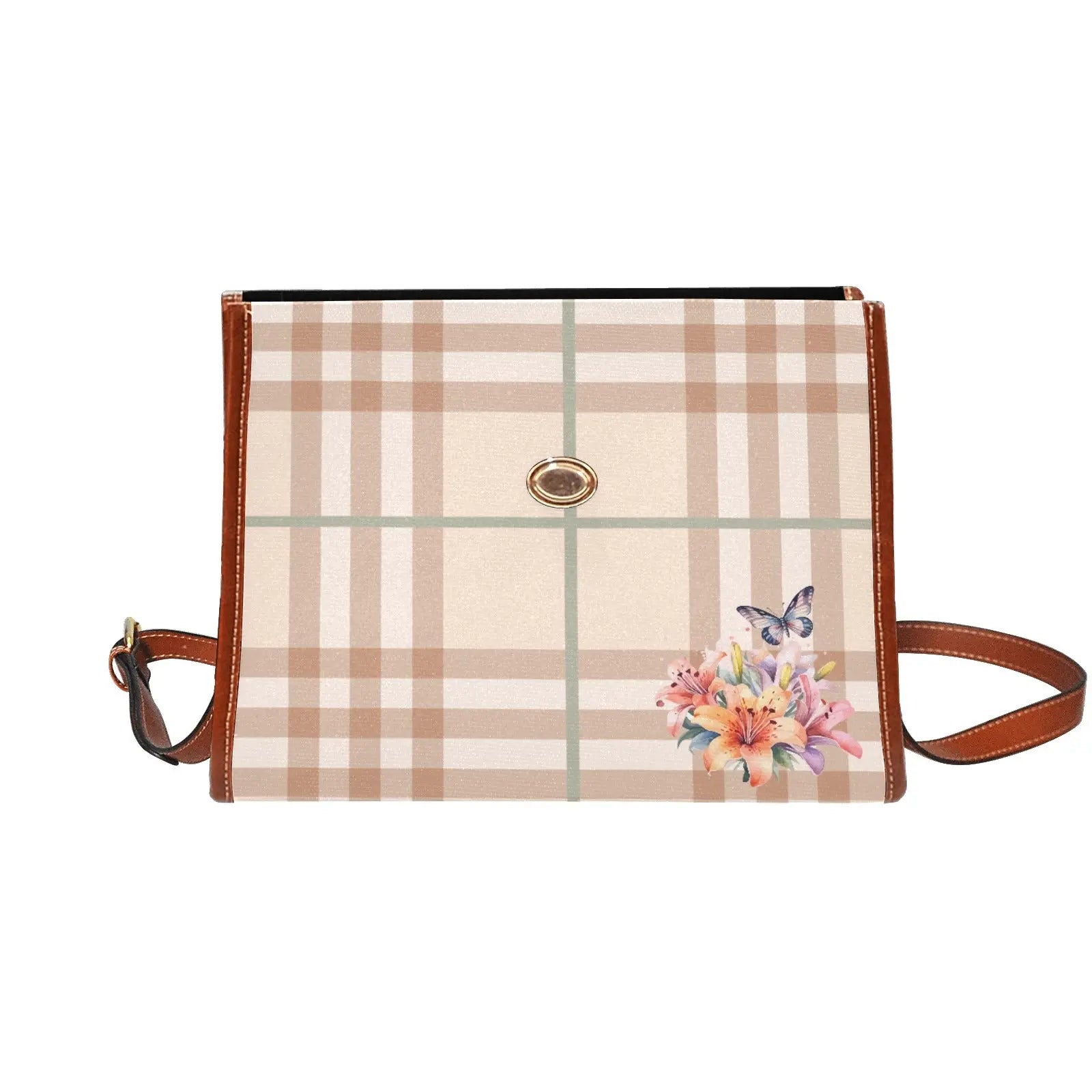 Personalized Waterproof Canvas Shoulder Strap Bag Tartan Flower - Piryoung Shop