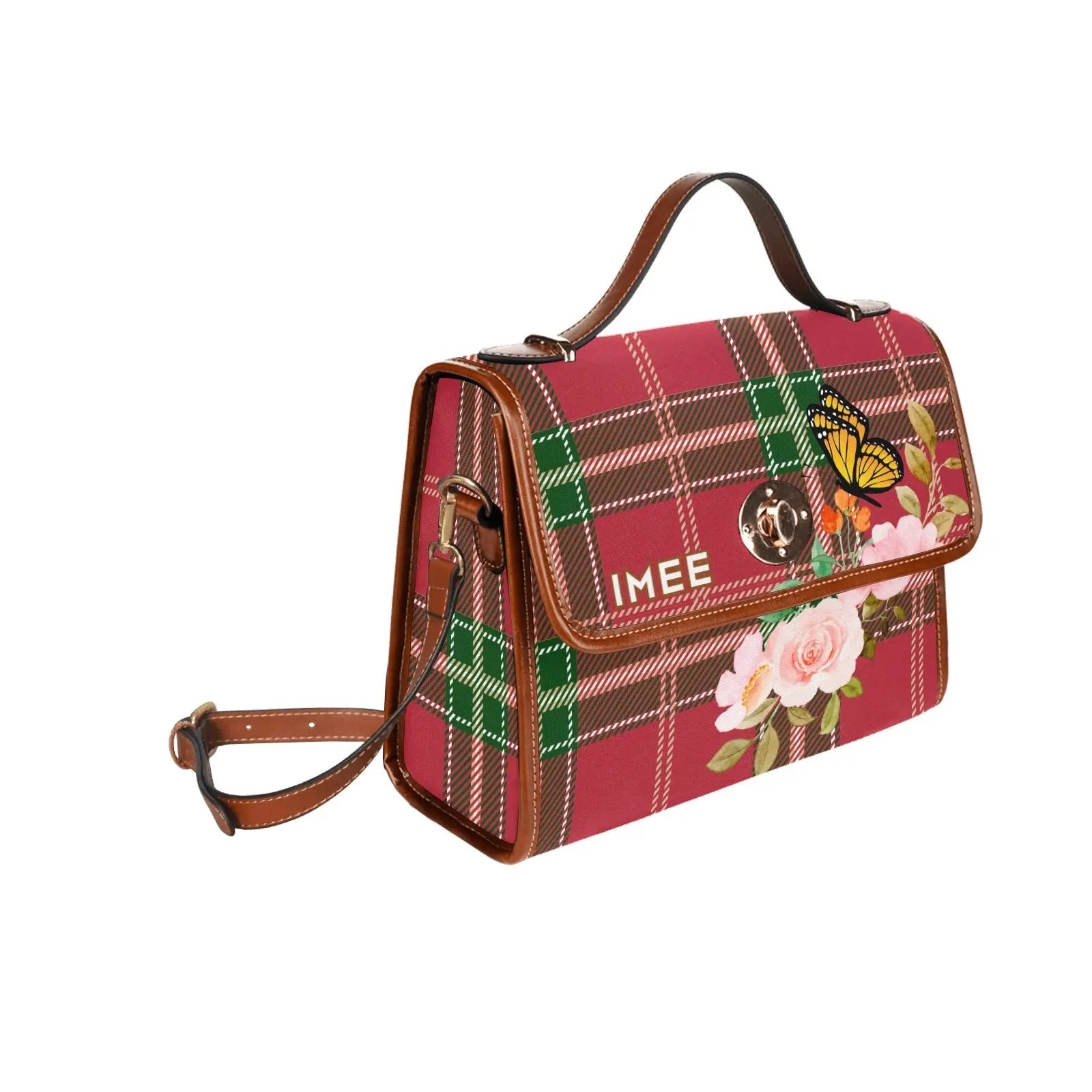 Personalized Waterproof Canvas Shoulder Strap Bag Tartan Flower Butterfly - Piryoung Shop