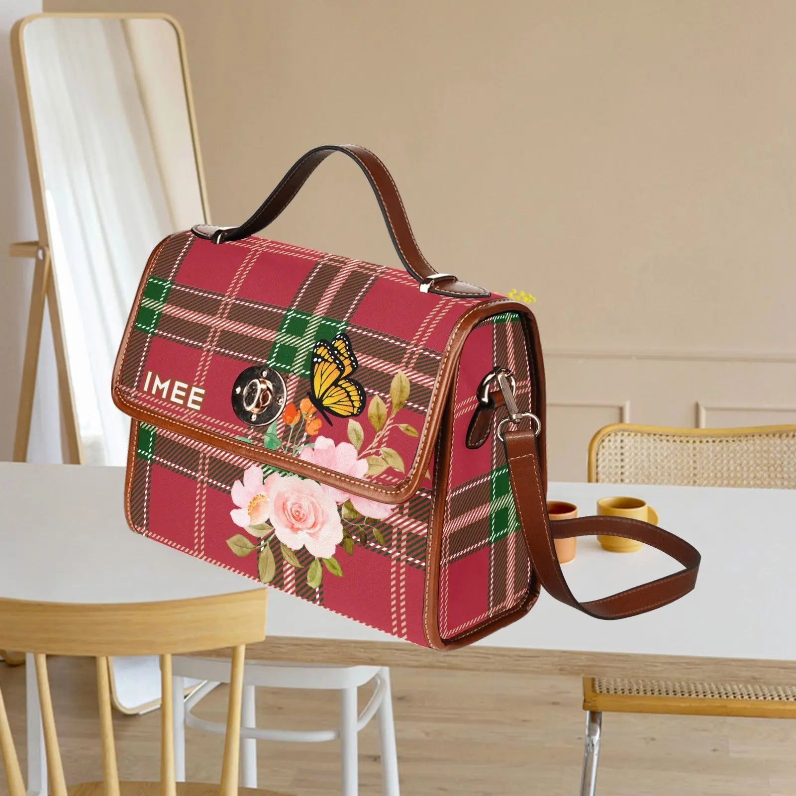 Personalized Waterproof Canvas Shoulder Strap Bag Tartan Flower Butterfly - Piryoung Shop