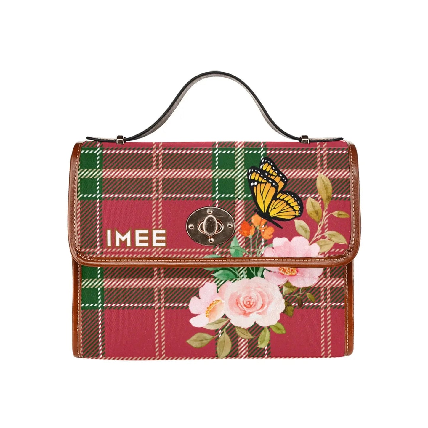Personalized Waterproof Canvas Shoulder Strap Bag Tartan Flower Butterfly - Piryoung Shop