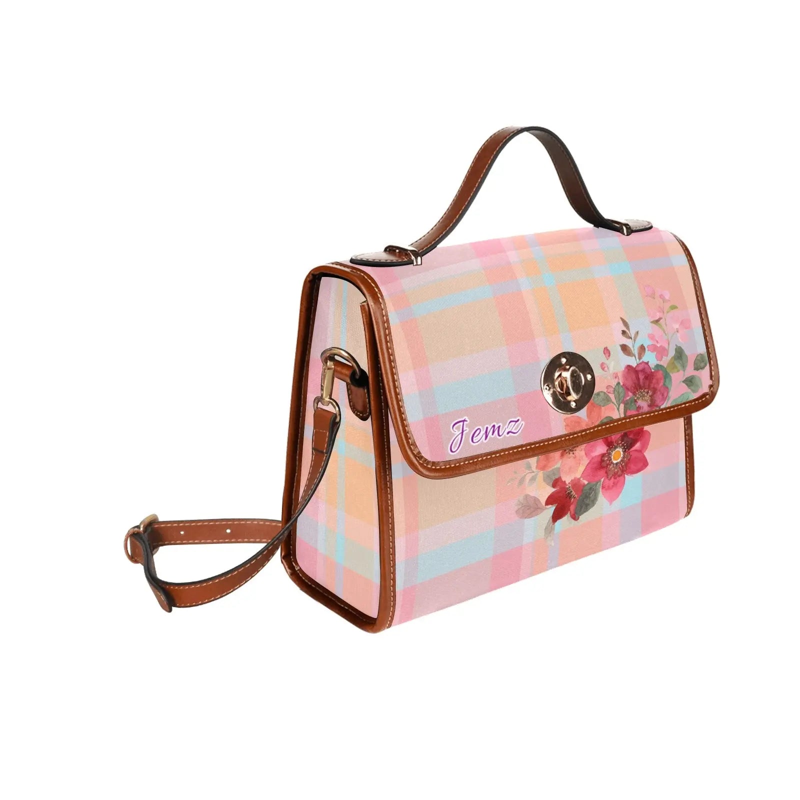 Personalized Waterproof Canvas Shoulder Strap Bag Tartan Flower Design - Piryoung Shop