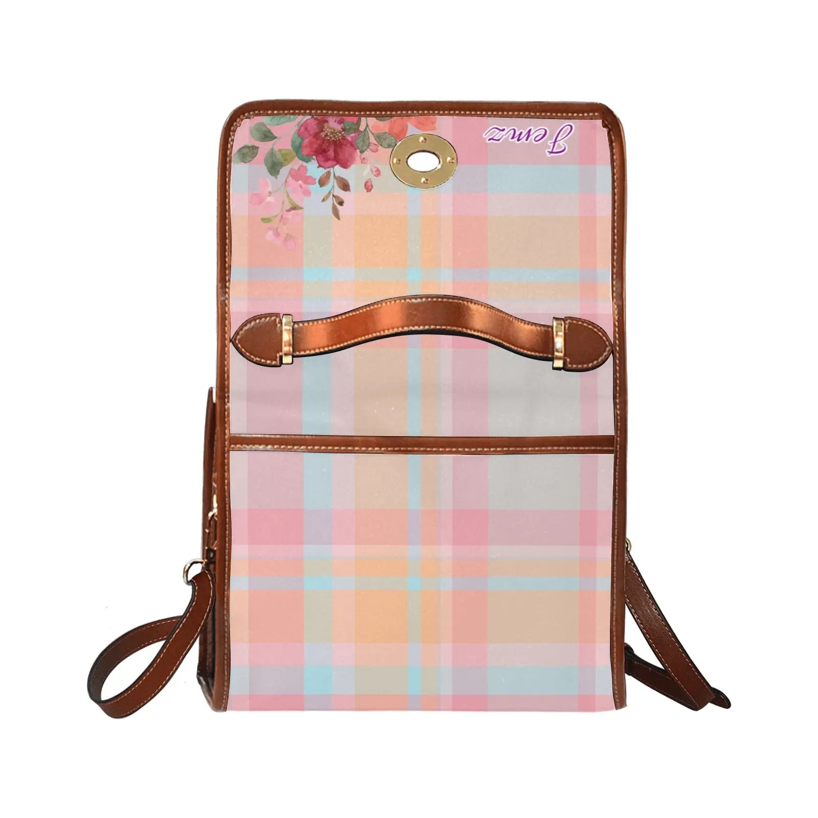 Personalized Waterproof Canvas Shoulder Strap Bag Tartan Flower Design - Piryoung Shop