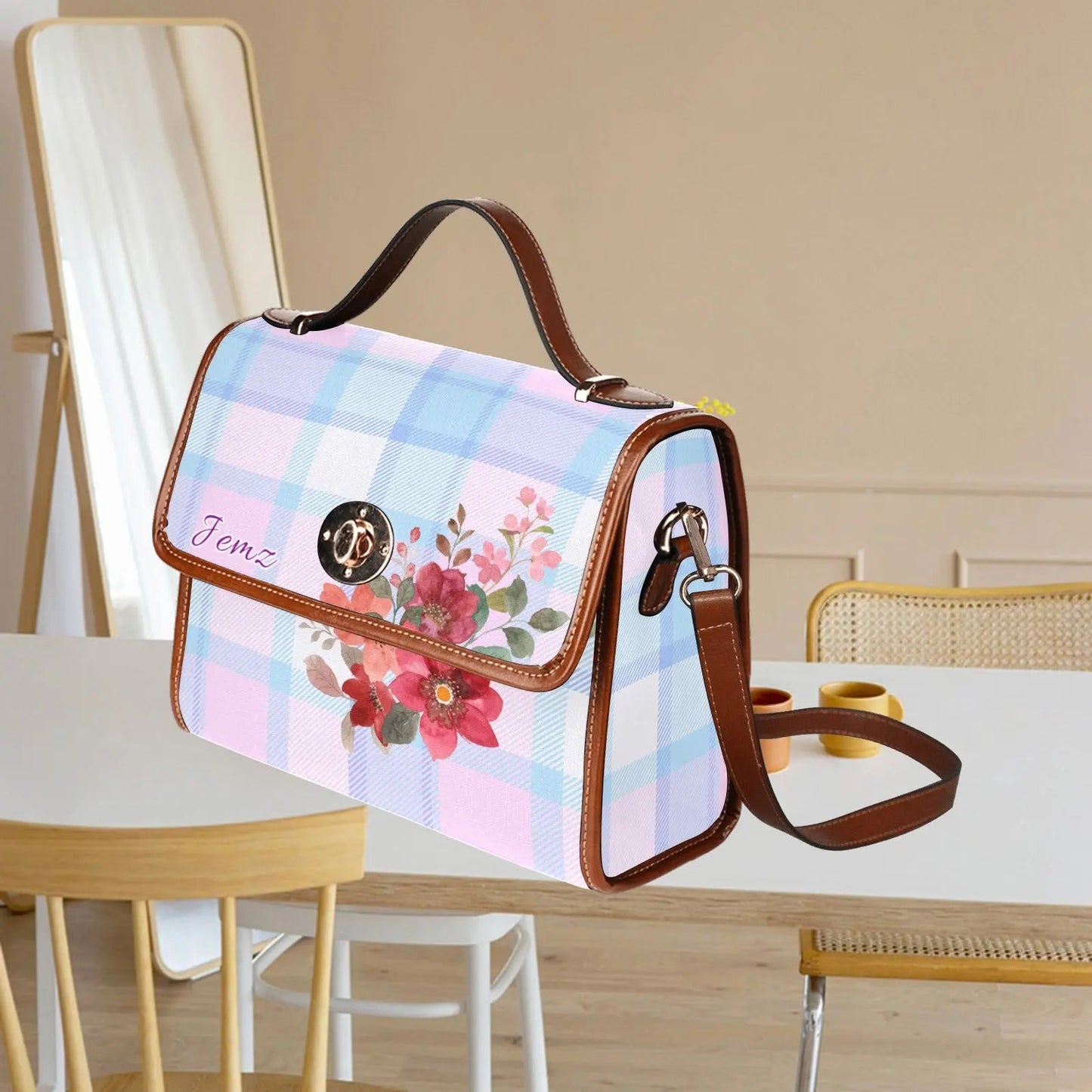 Personalized Waterproof Canvas Shoulder Strap Bag Tartan Flower Design - Piryoung Shop
